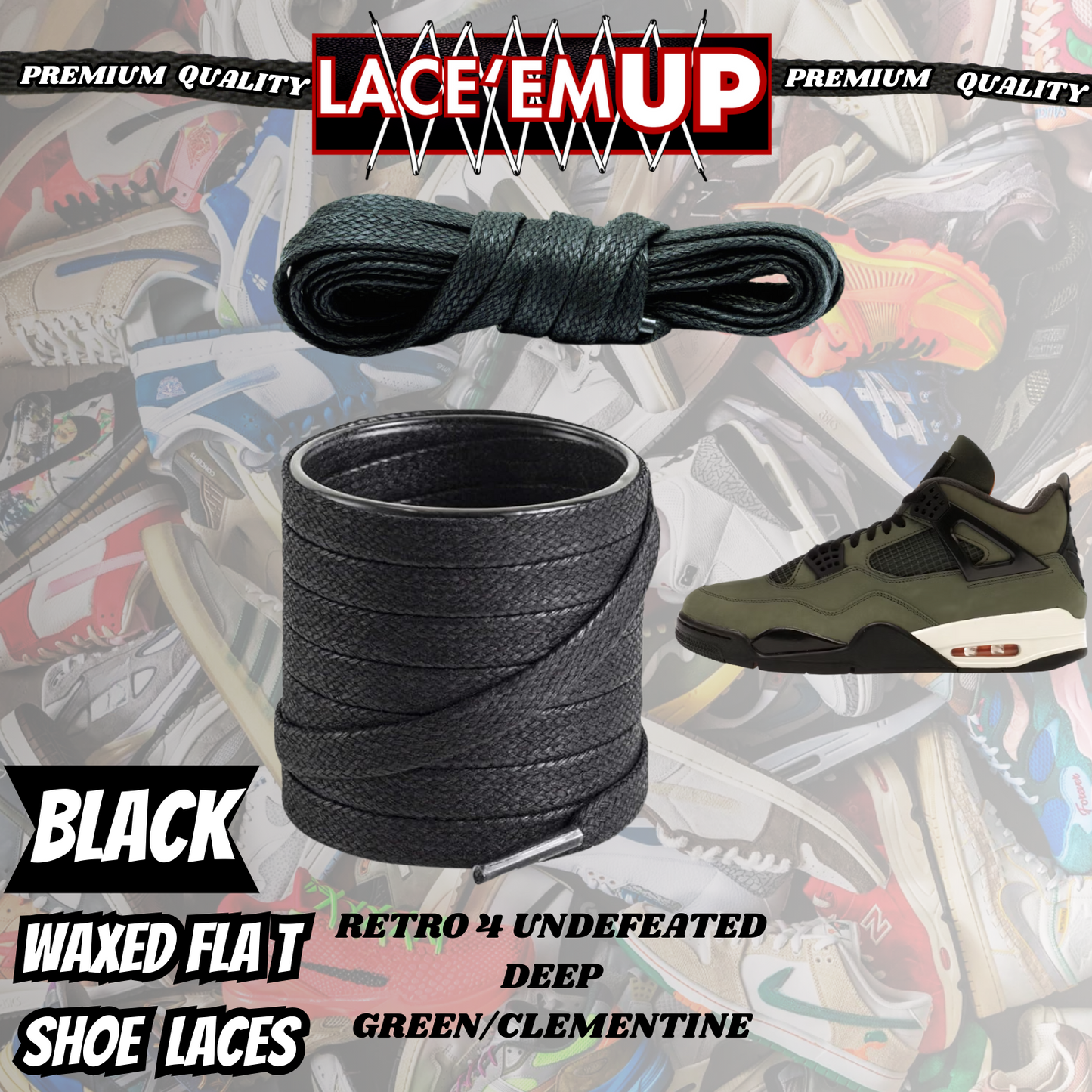 Shoe laces for Retro 4 UNDEFEATED DEEP GREEN/CLEMENTINE, REPLACEMENT SHOE LACES