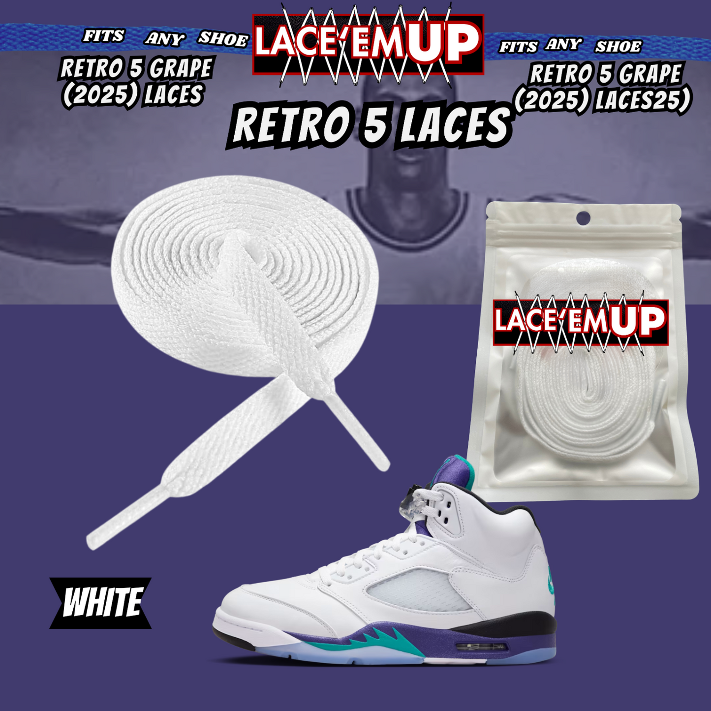 Retro 5  Grape Shoe Laces Cement replacement for AJ 5 reimagined