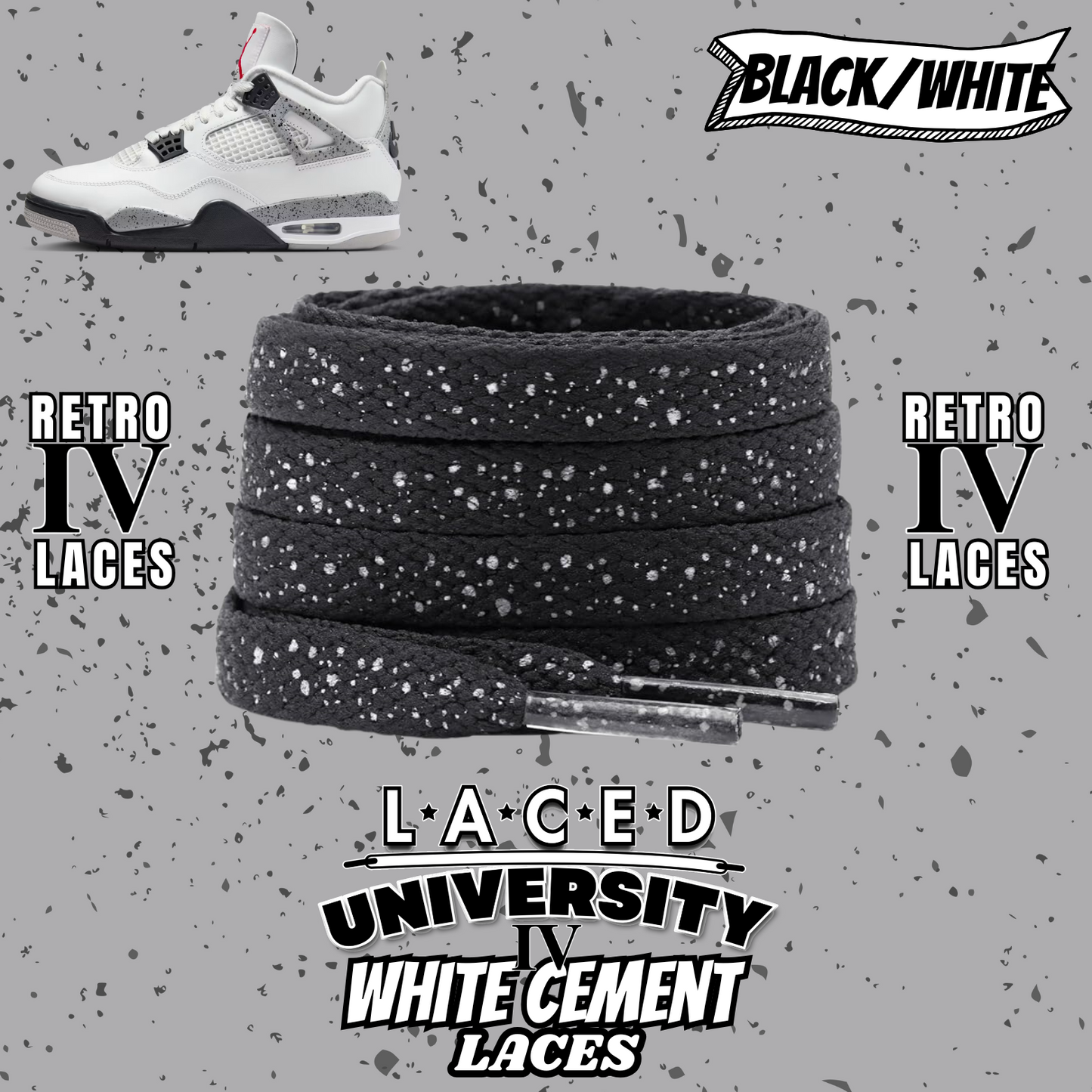 Retro 4 White Cement Laces Spotted Splatter Cement replacement-Retro 4 Shoe Lace