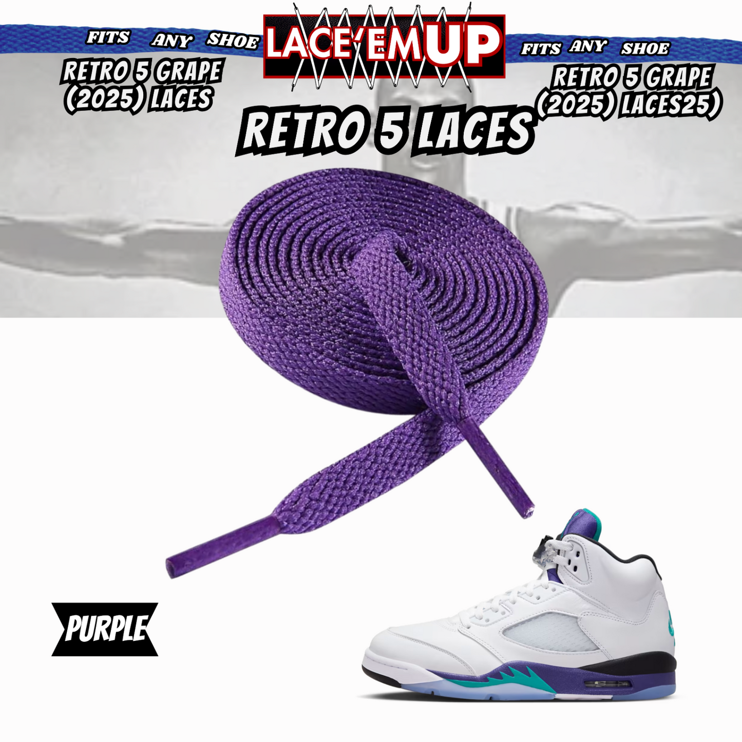 Retro 5  Grape Shoe Laces Cement replacement for AJ 5 reimagined