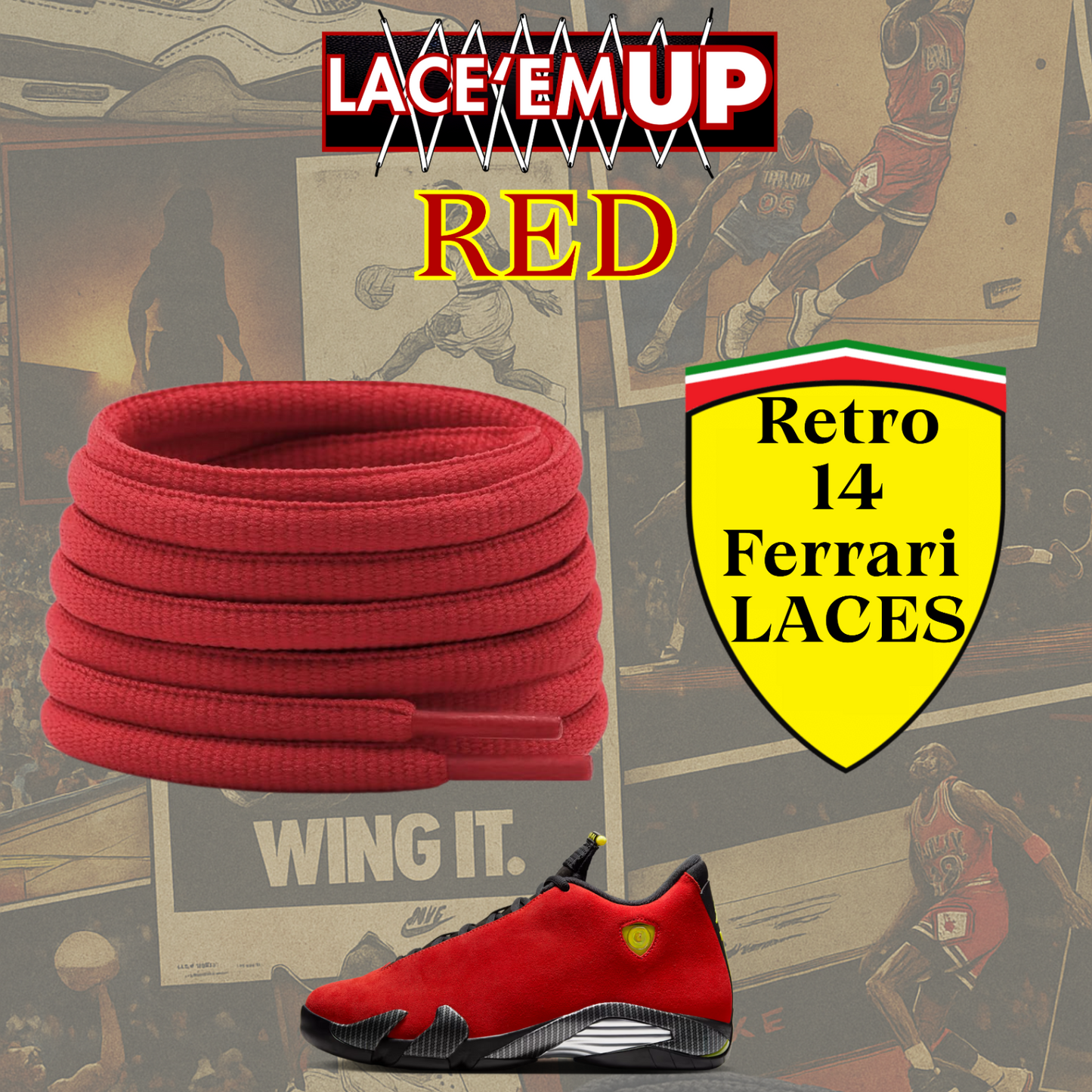 Retro 14 Ferrarii Shoe Laces  Premium, Retro 14 Challenge Red Oval Laces-AJ14