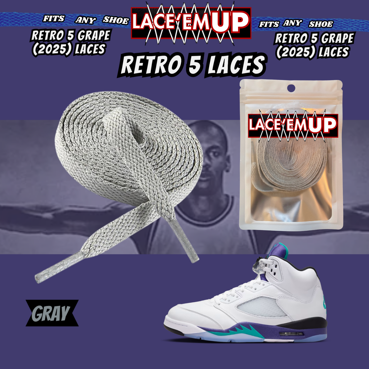 Retro 5  Grape Shoe Laces Cement replacement for AJ 5 reimagined