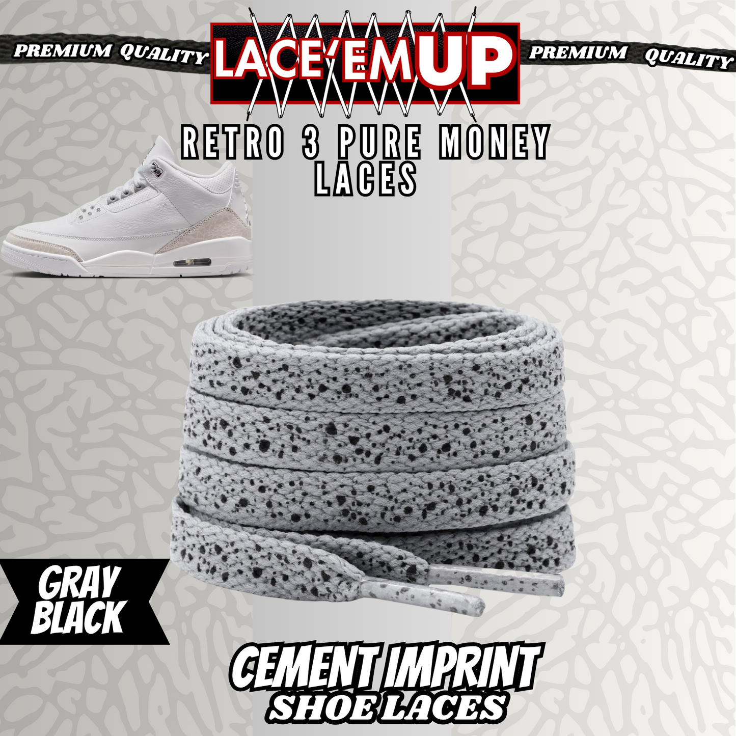 Retro 3 Pure Money Shoe Laces Spotted Splatter Cement replacement, Elephant lace