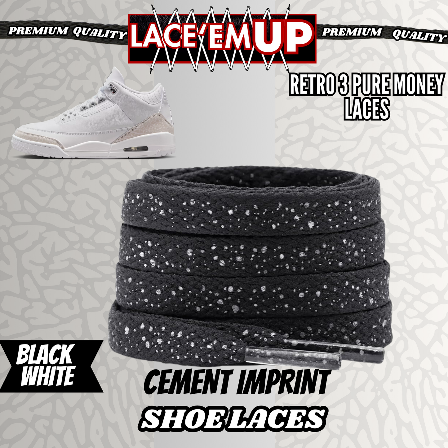 Retro 3 Pure Money Shoe Laces Spotted Splatter Cement replacement, Elephant lace