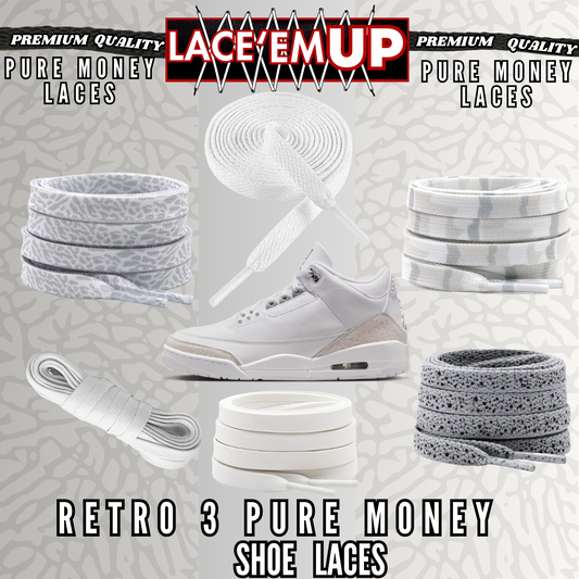 Retro 3 Pure Money Shoe Laces Spotted Splatter Cement replacement, Elephant lace