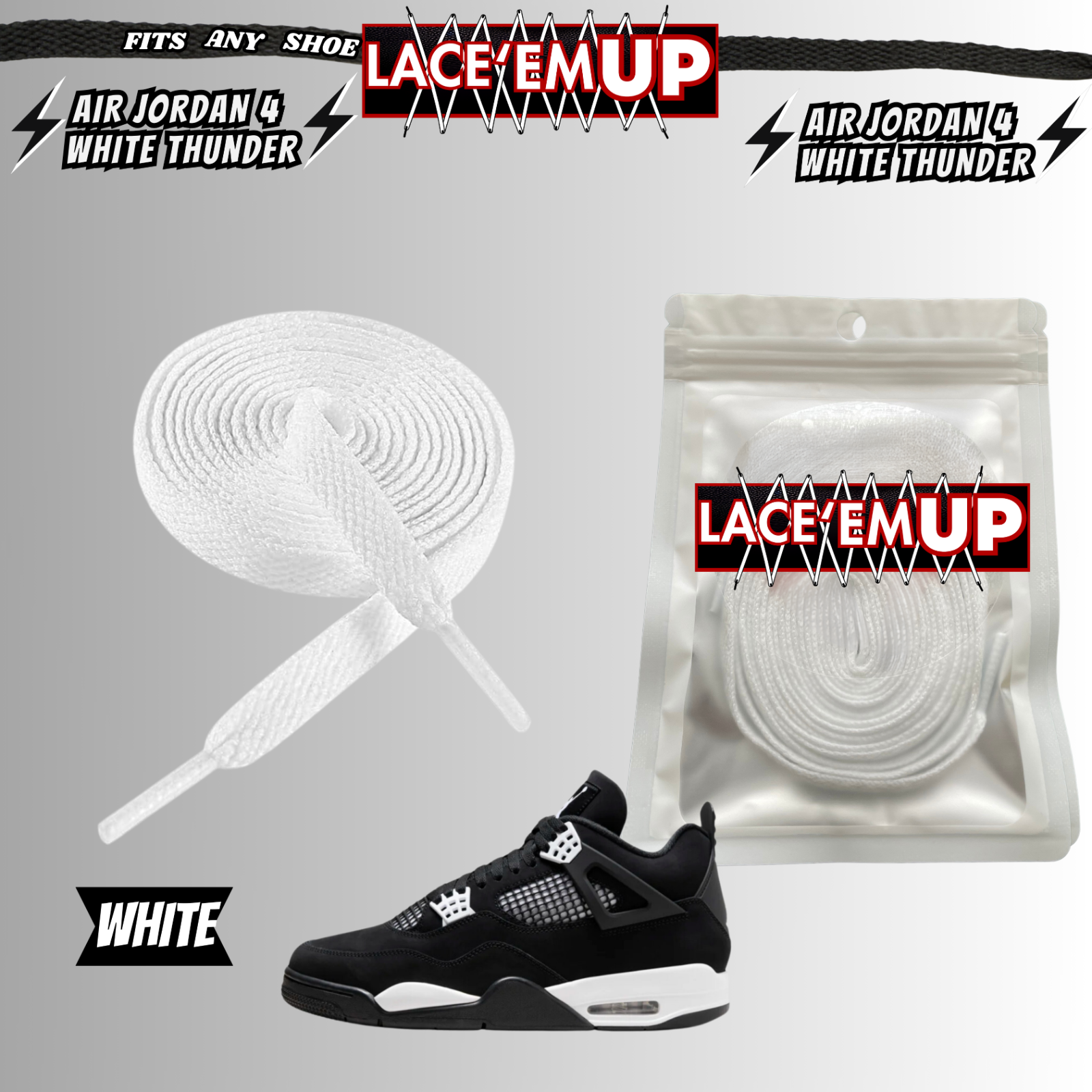 PREMIUM Shoe Laces REPLACEMENT FOR AIR JORDAN 4 THUNDER WHITE LIGHTNING