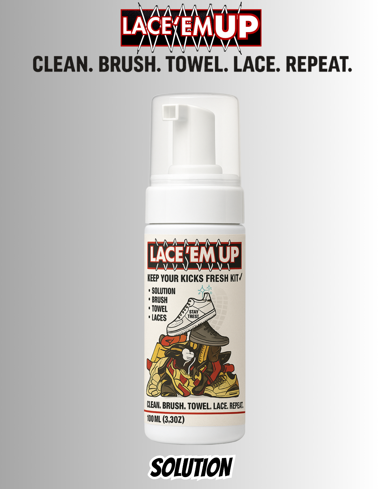 LACE 'EM UP SHOE CLEANER KIT W/ BRUSH ,TOWEL, SHOE LACES - 100ML SNEAKER CLEANER