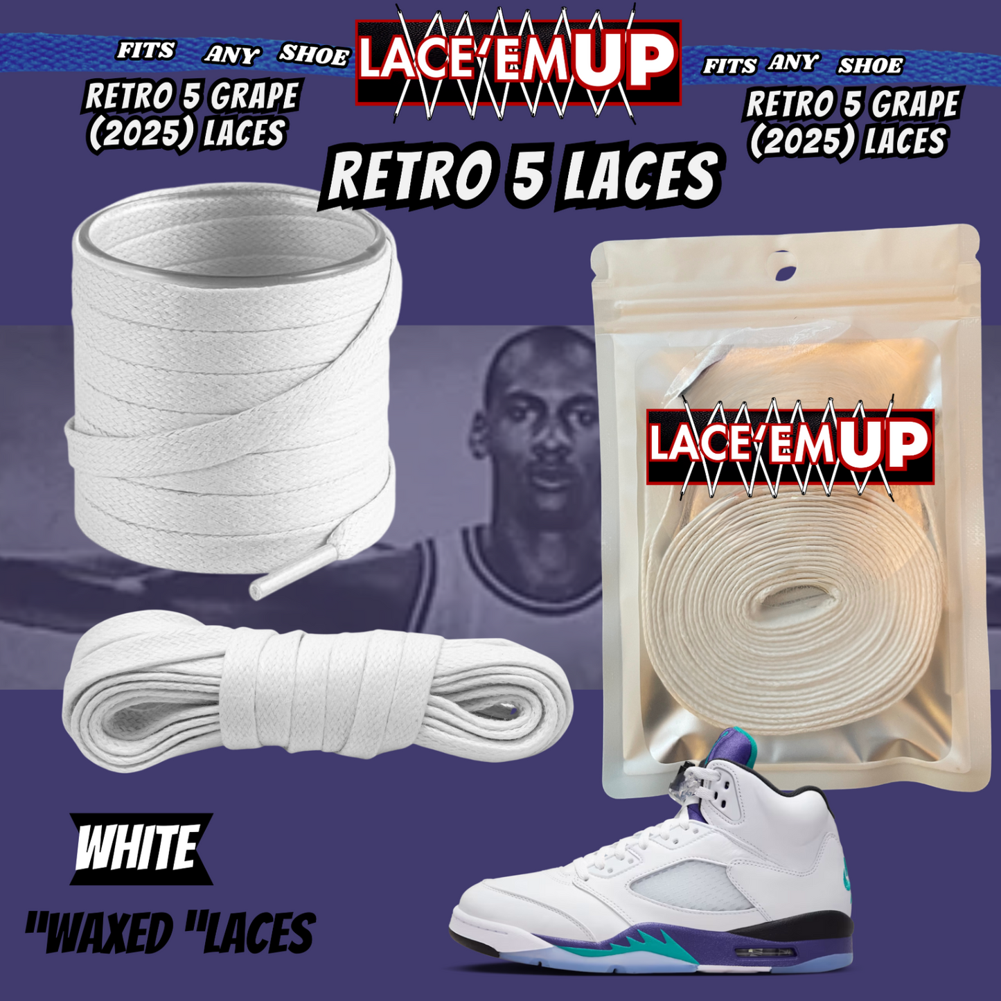 Retro 5  Grape Shoe Laces Cement replacement for AJ 5 reimagined