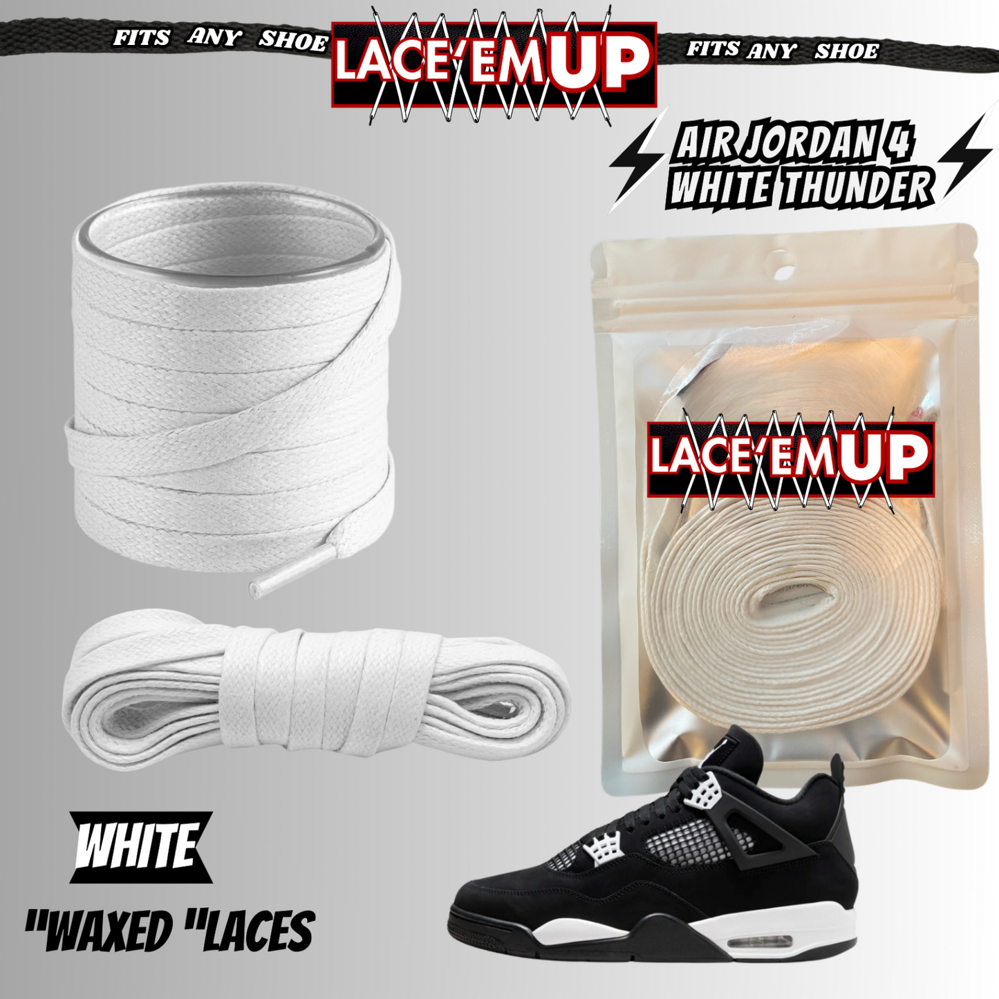 PREMIUM Shoe Laces REPLACEMENT FOR AIR JORDAN 4 THUNDER WHITE LIGHTNING