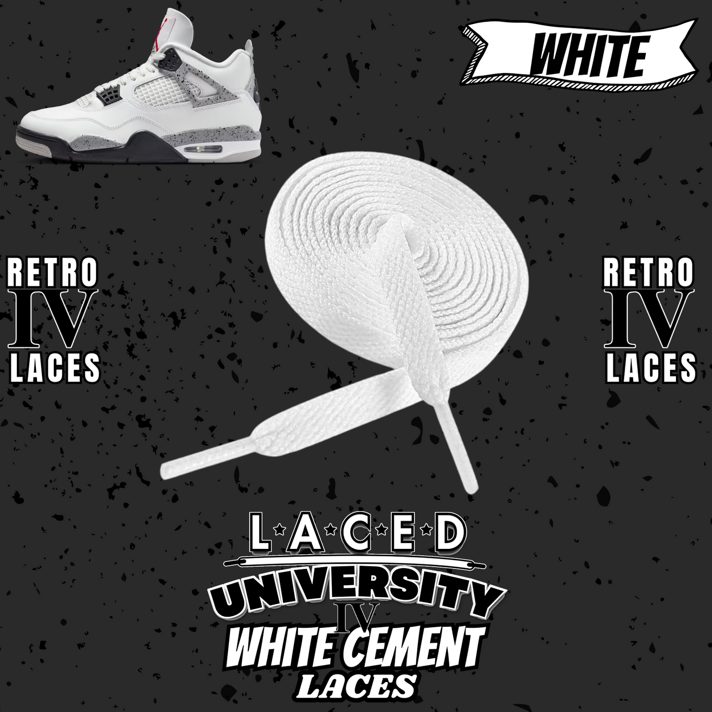 Retro 4 White Cement Laces Spotted Splatter Cement replacement-Retro 4 Shoe Lace