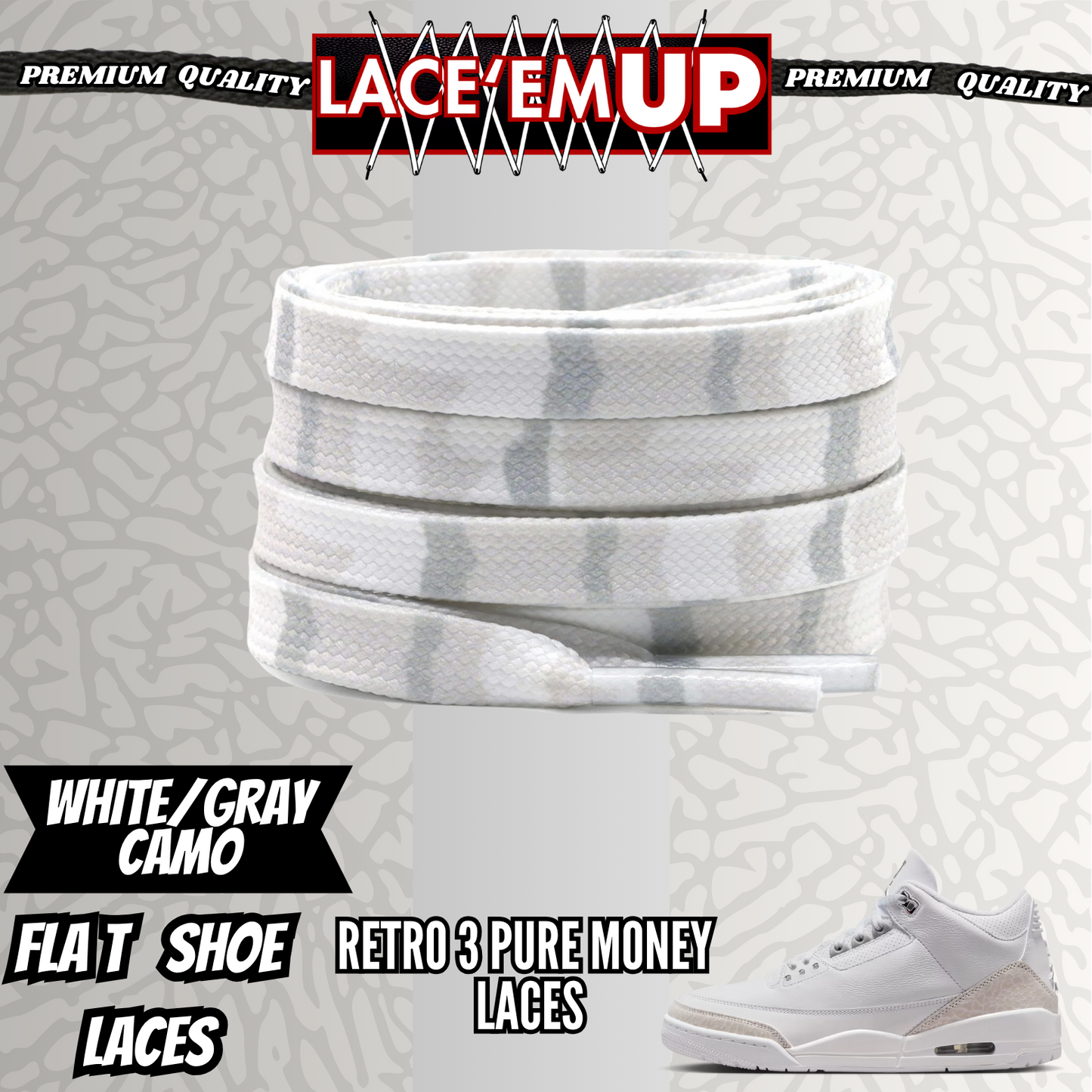 Retro 3 Pure Money Shoe Laces Spotted Splatter Cement replacement, Elephant lace