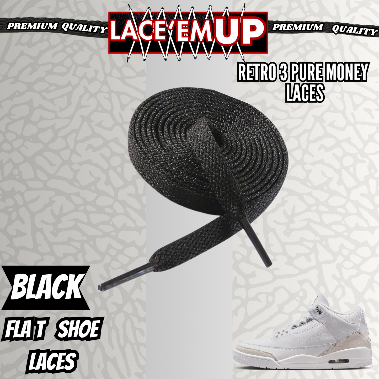 Retro 3 Pure Money Shoe Laces Spotted Splatter Cement replacement, Elephant lace