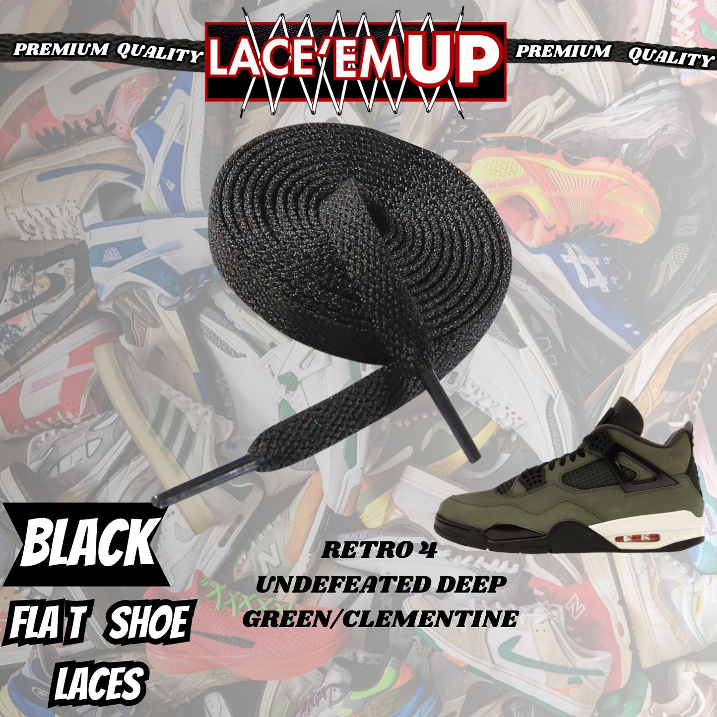 Shoe laces for Retro 4 UNDEFEATED DEEP GREEN/CLEMENTINE, REPLACEMENT SHOE LACES