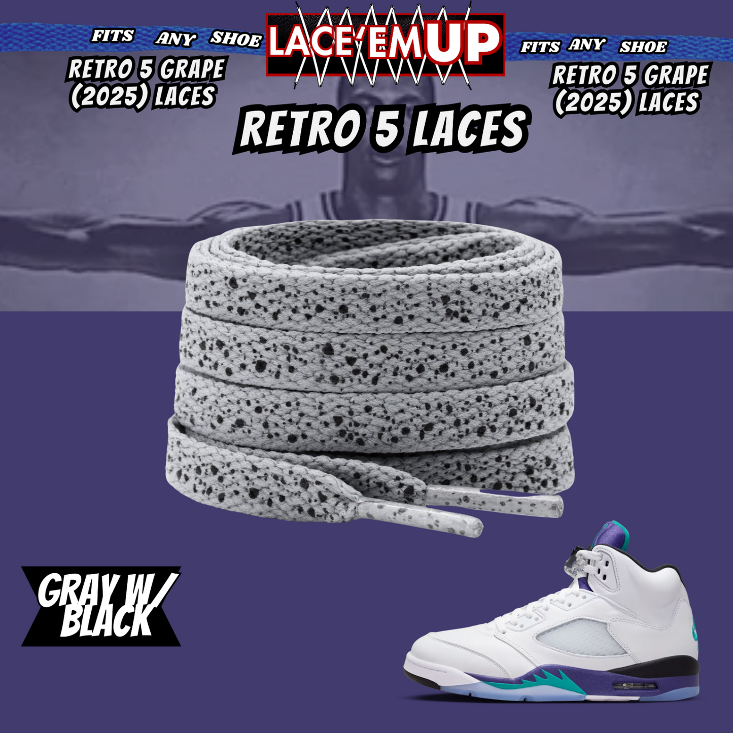 Retro 5  Grape Shoe Laces Cement replacement for AJ 5 reimagined