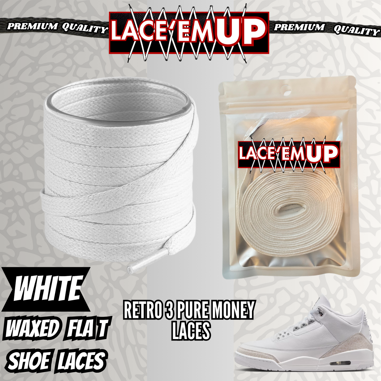 Retro 3 Pure Money Shoe Laces Spotted Splatter Cement replacement, Elephant lace