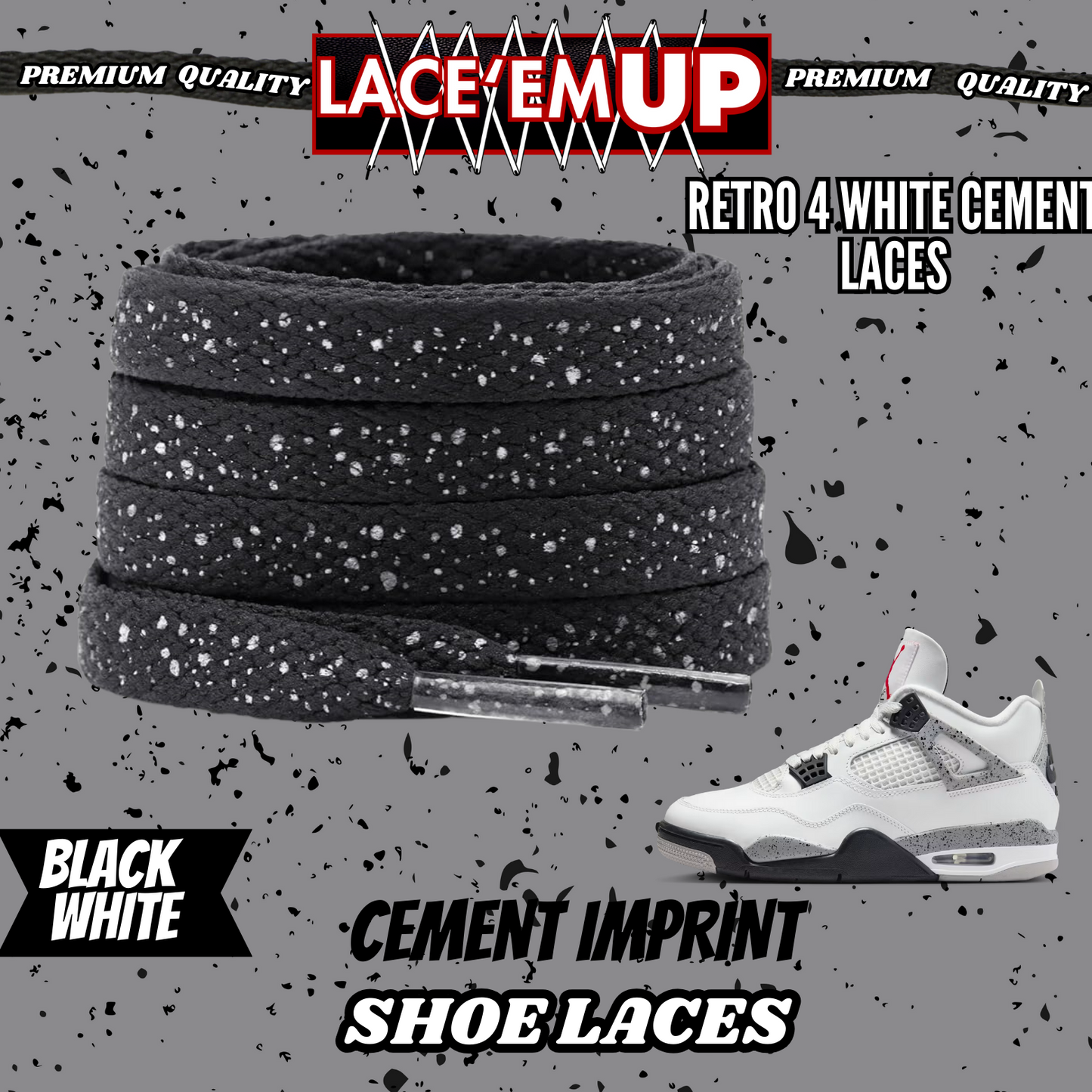 Retro 4 White Cement Shoe Laces Spotted Splatter Cement replacement