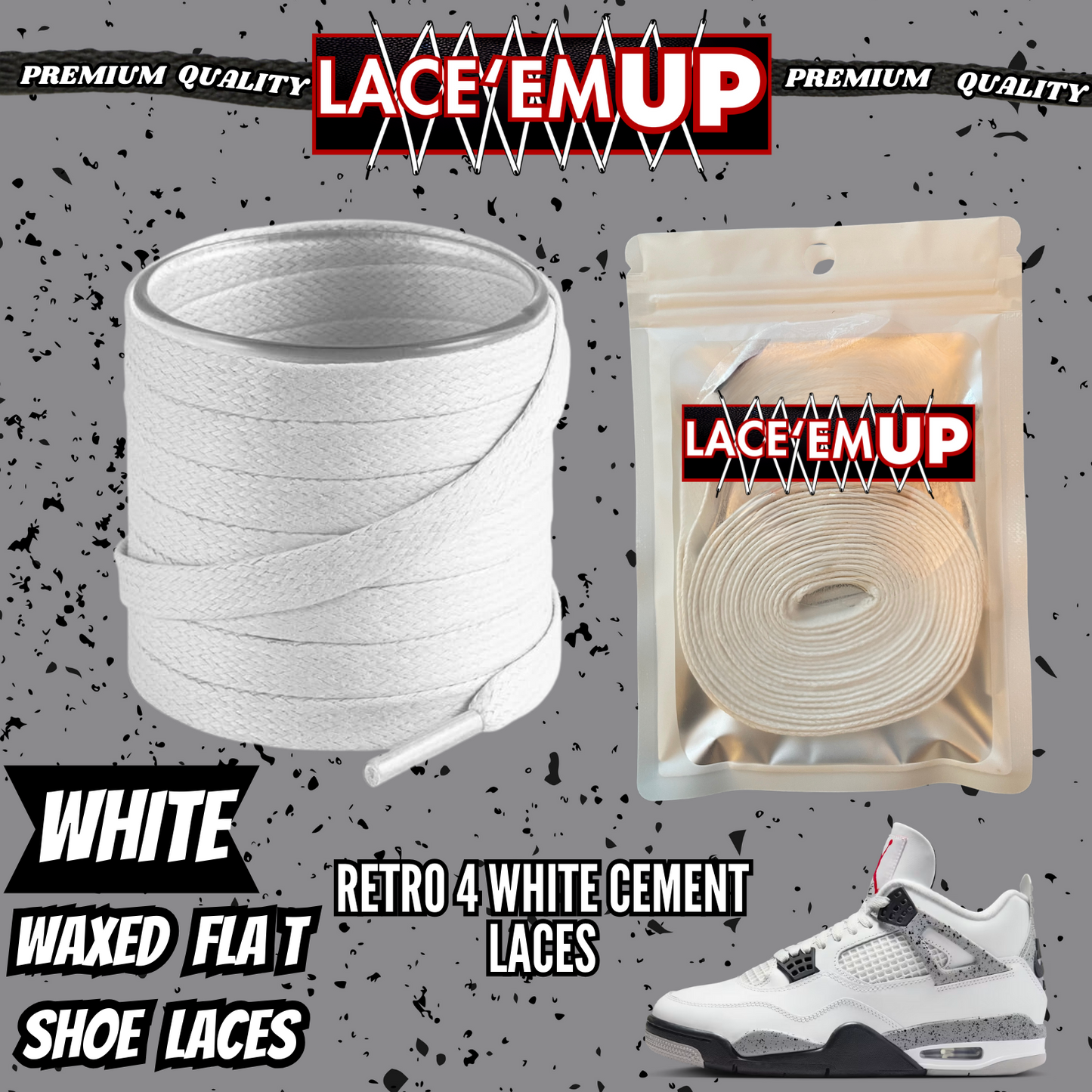 Retro 4 White Cement Shoe Laces Spotted Splatter Cement replacement