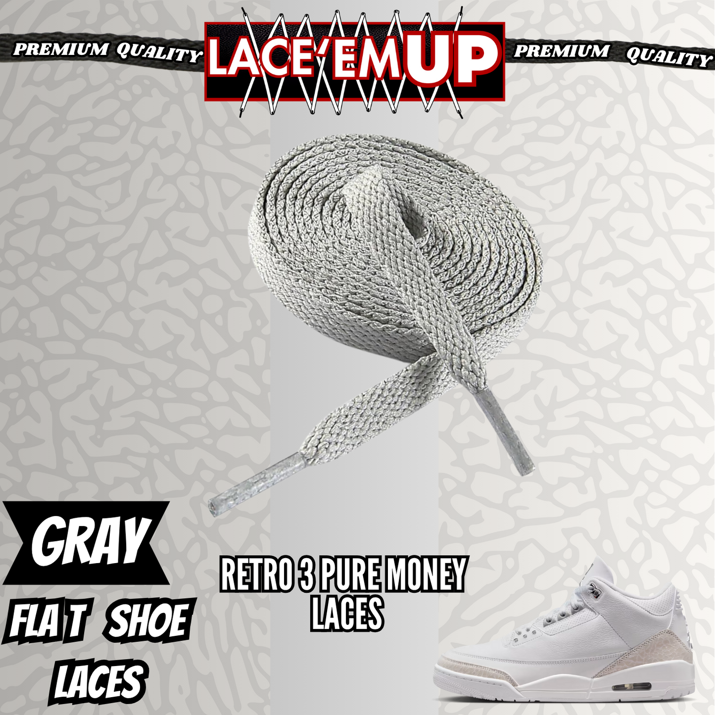 Retro 3 Pure Money Shoe Laces Spotted Splatter Cement replacement, Elephant lace