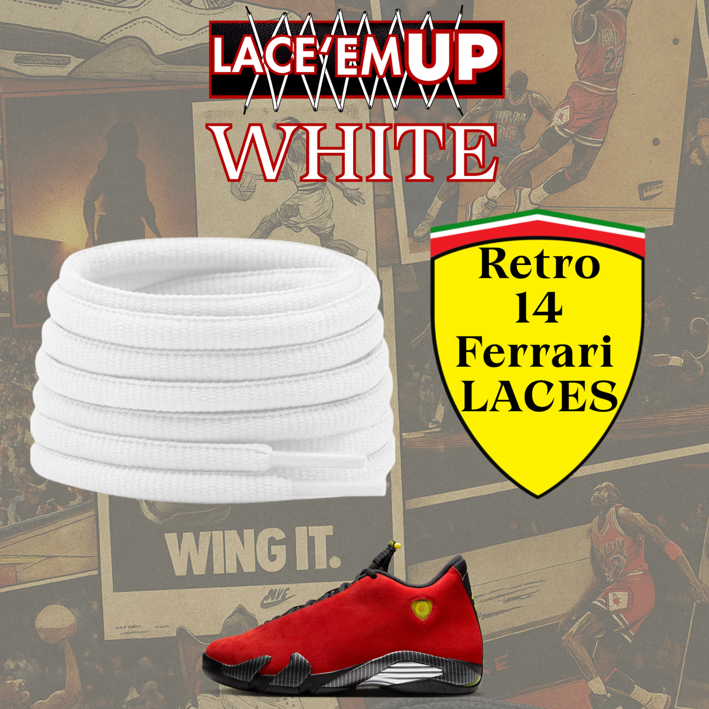 Retro 14 Ferrarii Shoe Laces  Premium, Retro 14 Challenge Red Oval Laces-AJ14