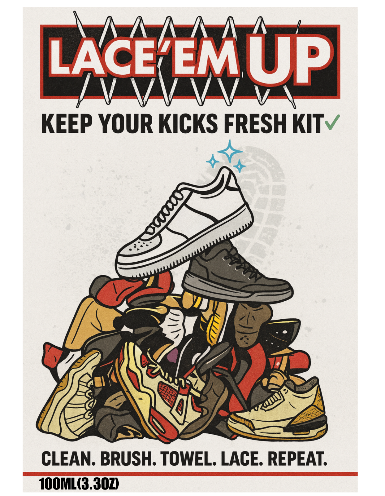 LACE 'EM UP SHOE CLEANER KIT W/ BRUSH ,TOWEL, SHOE LACES - 100ML SNEAKER CLEANER