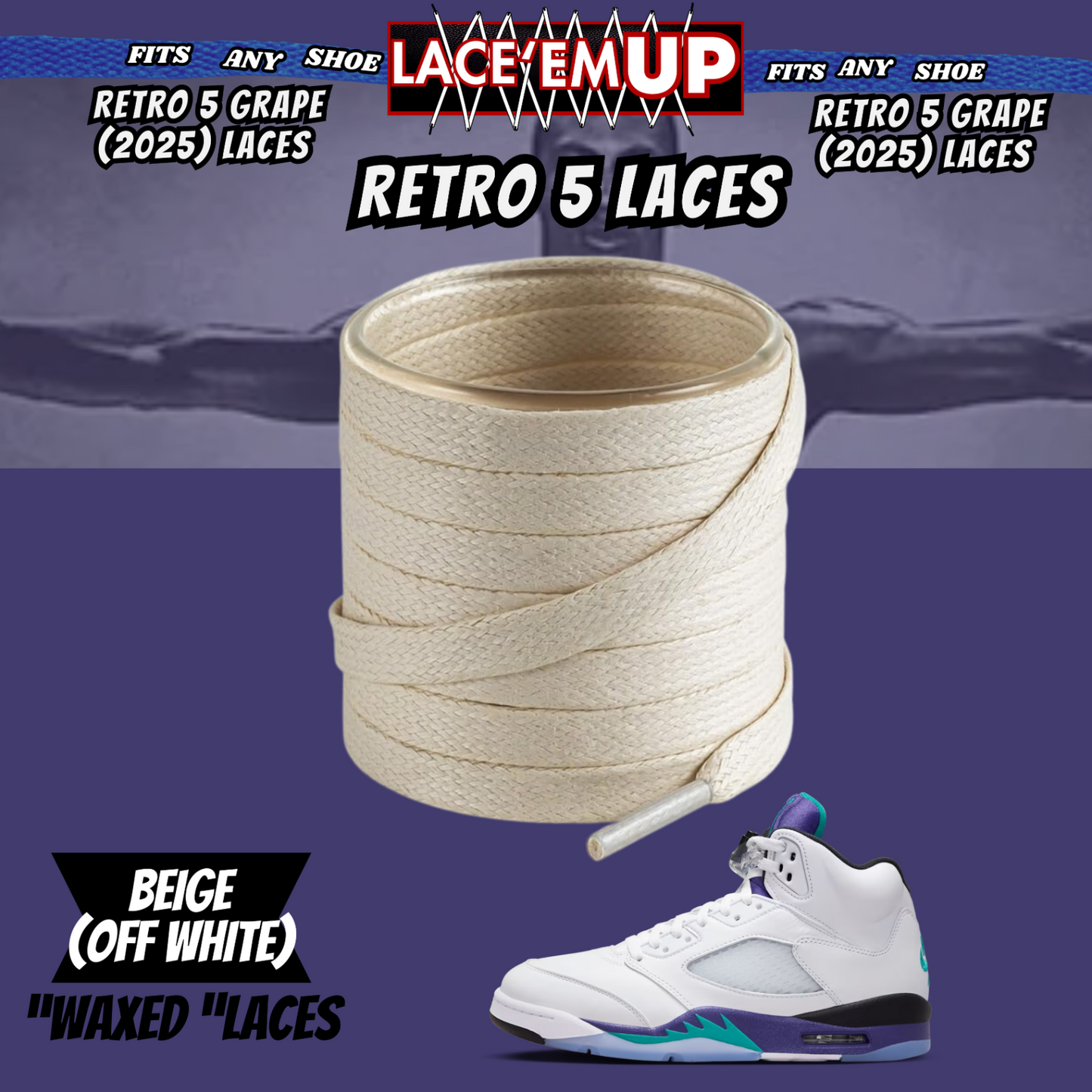 Retro 5  Grape Shoe Laces Cement replacement for AJ 5 reimagined