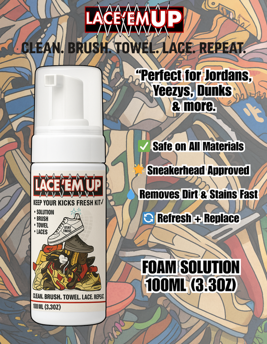 LACE 'EM UP SHOE CLEANER KIT W/ BRUSH ,TOWEL, SHOE LACES - 100ML SNEAKER CLEANER