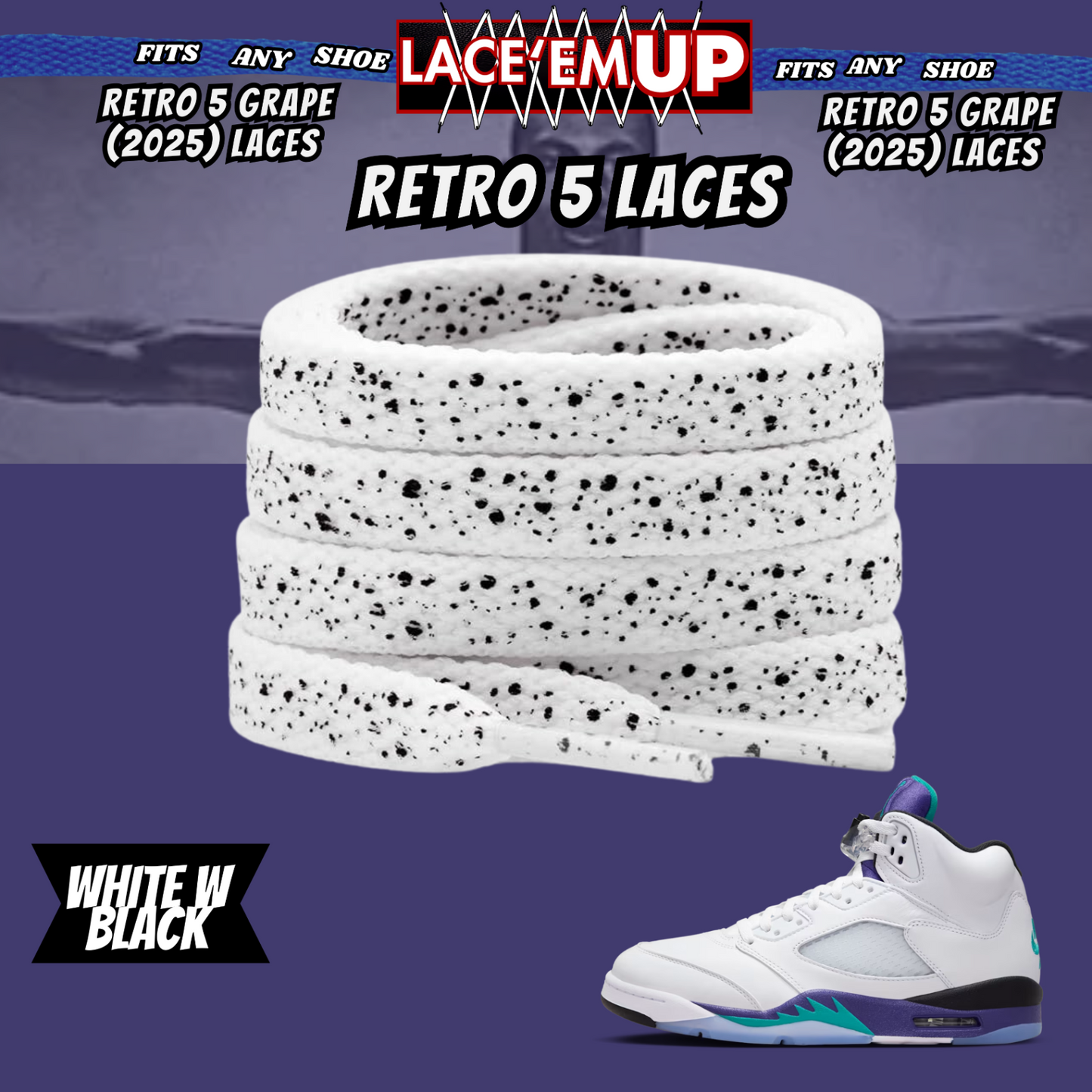 Retro 5  Grape Shoe Laces Cement replacement for AJ 5 reimagined