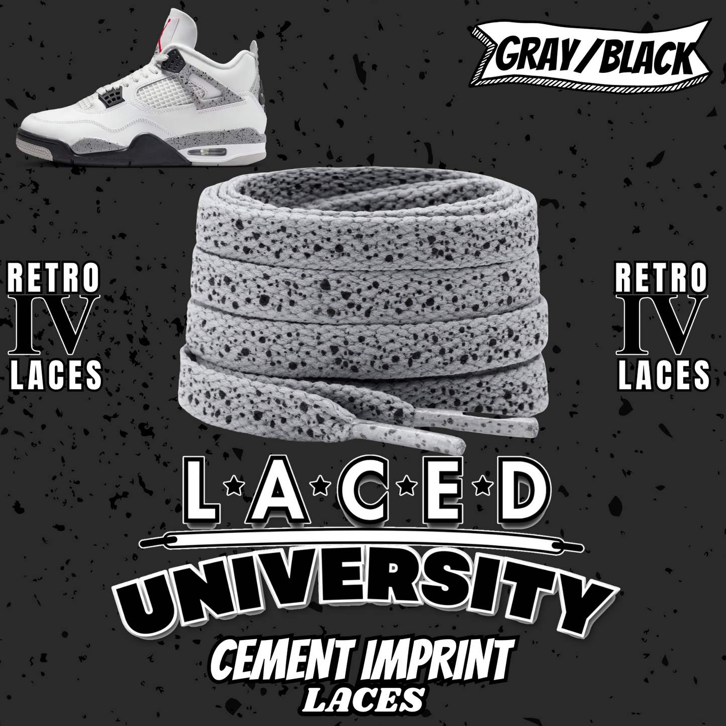 Retro 4 White Cement Laces Spotted Splatter Cement replacement-Retro 4 Shoe Lace