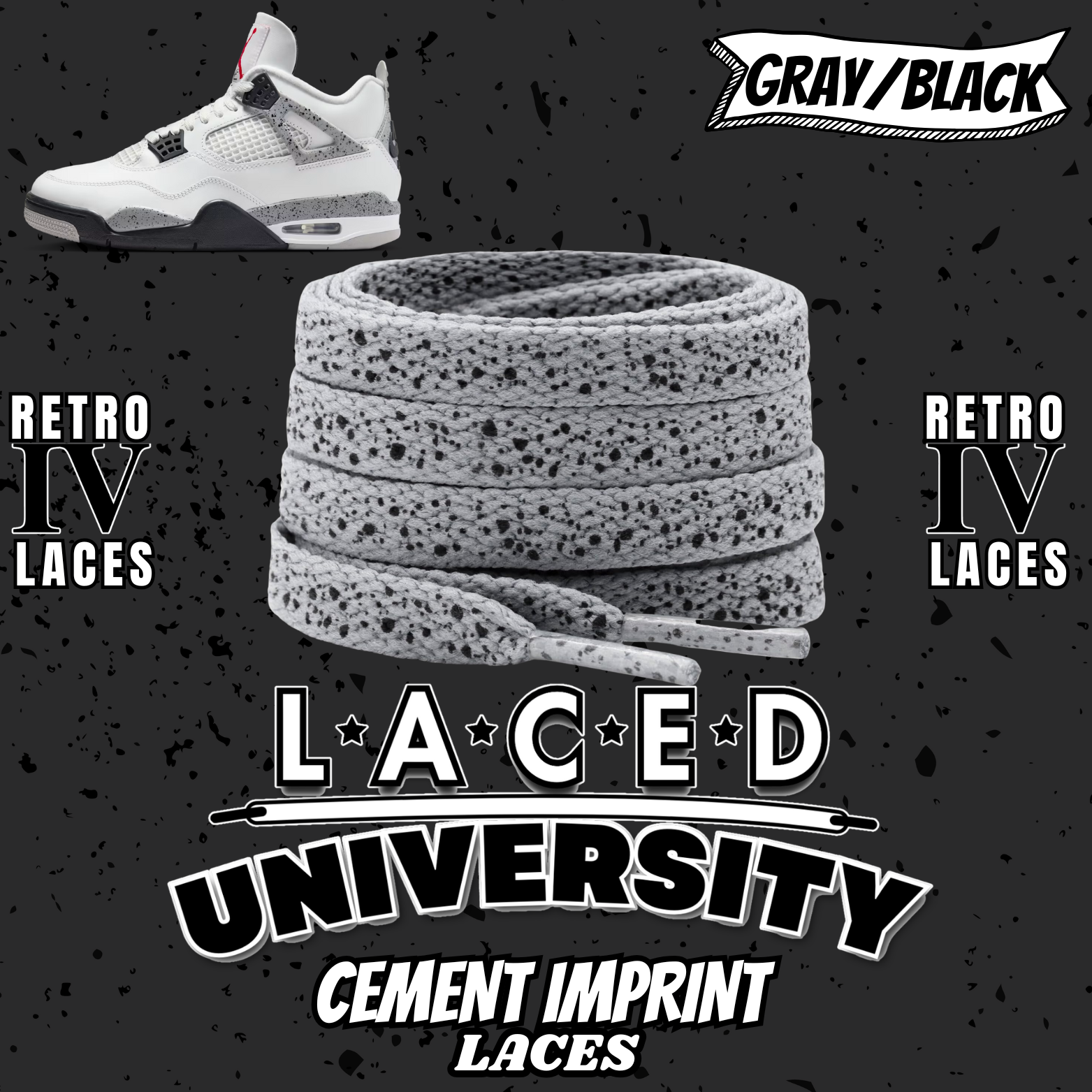 Retro 4 White Cement Laces Spotted Splatter Cement replacement-Retro 4 Shoe Lace