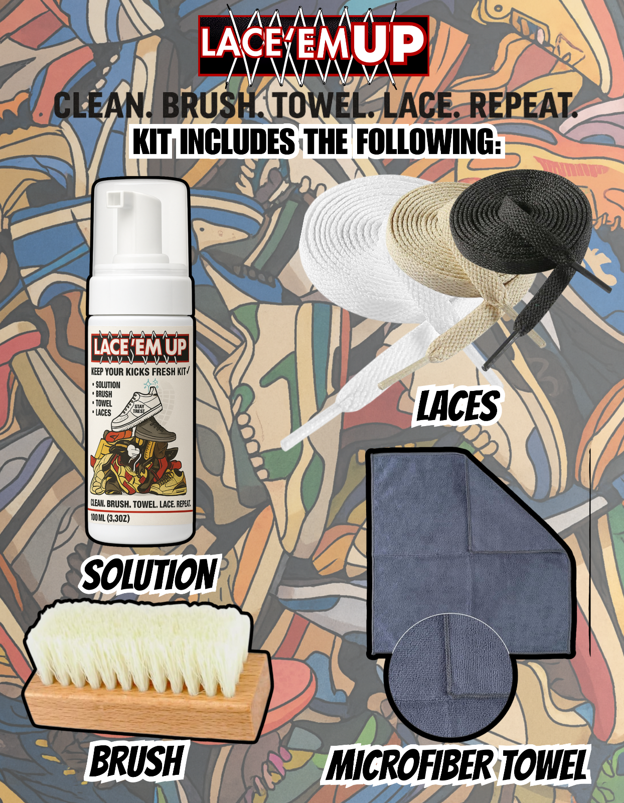 LACE 'EM UP SHOE CLEANER KIT W/ BRUSH ,TOWEL, SHOE LACES - 100ML SNEAKER CLEANER