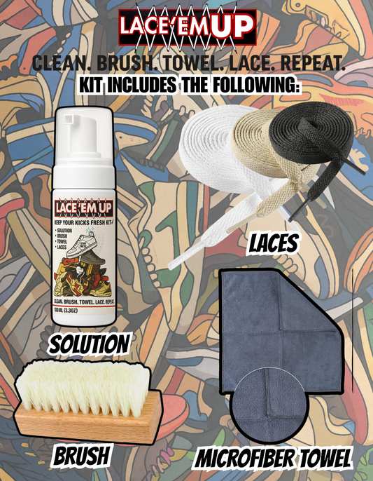 LACE 'EM UP SHOE CLEANER KIT W/ BRUSH ,TOWEL, SHOE LACES - 100ML SNEAKER CLEANER