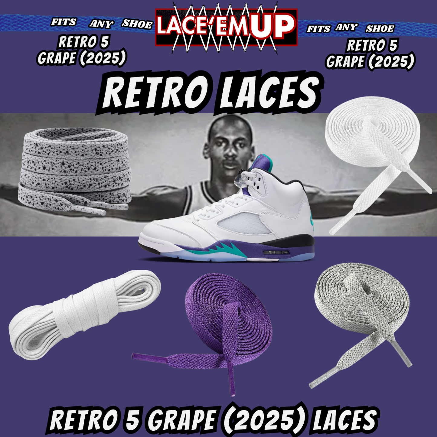 Retro 5  Grape Shoe Laces Cement replacement for AJ 5 reimagined