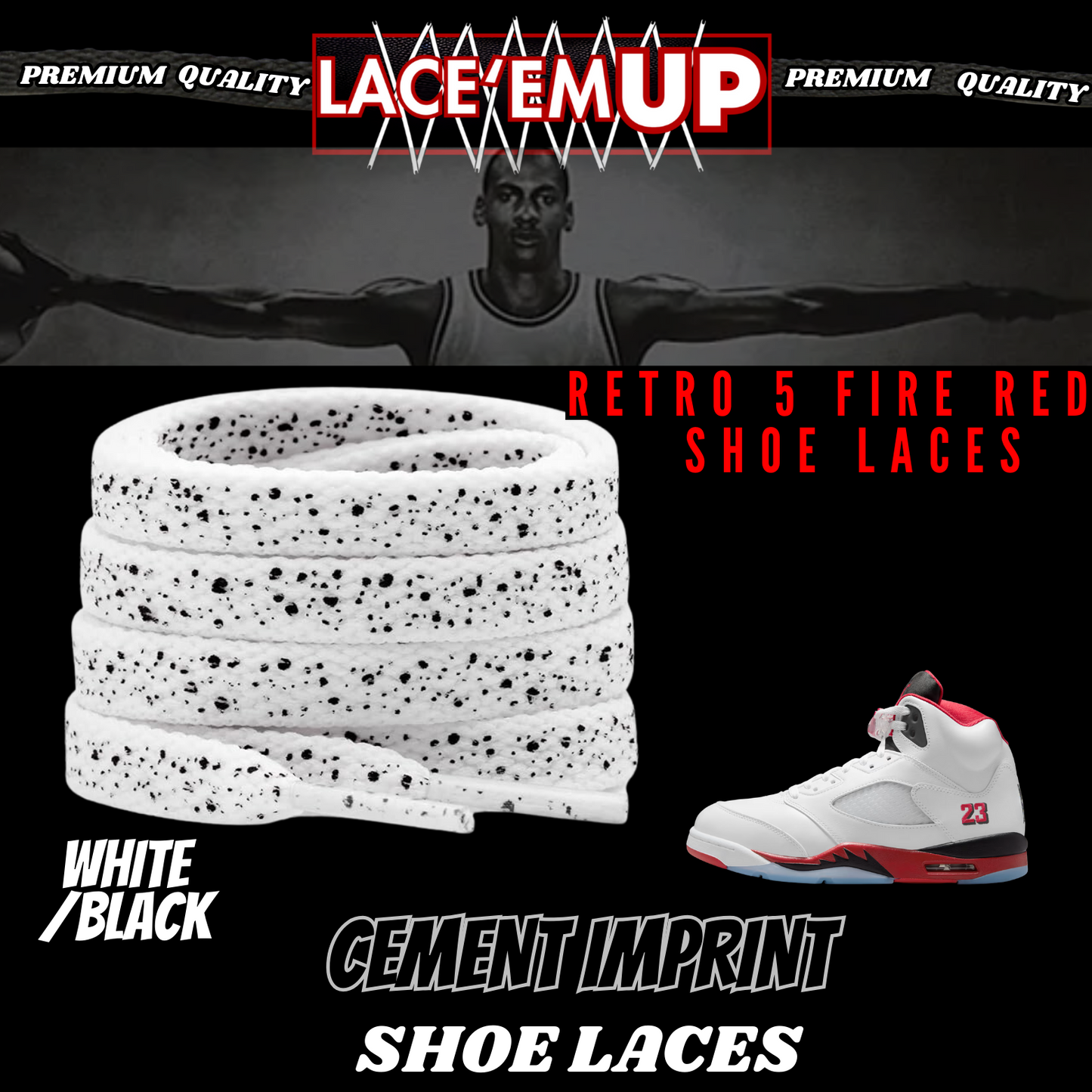 Retro 5 Fire Red Shoe Laces Spotted Splatter Cement , AJ 5 FIRE RED SHOE LACES