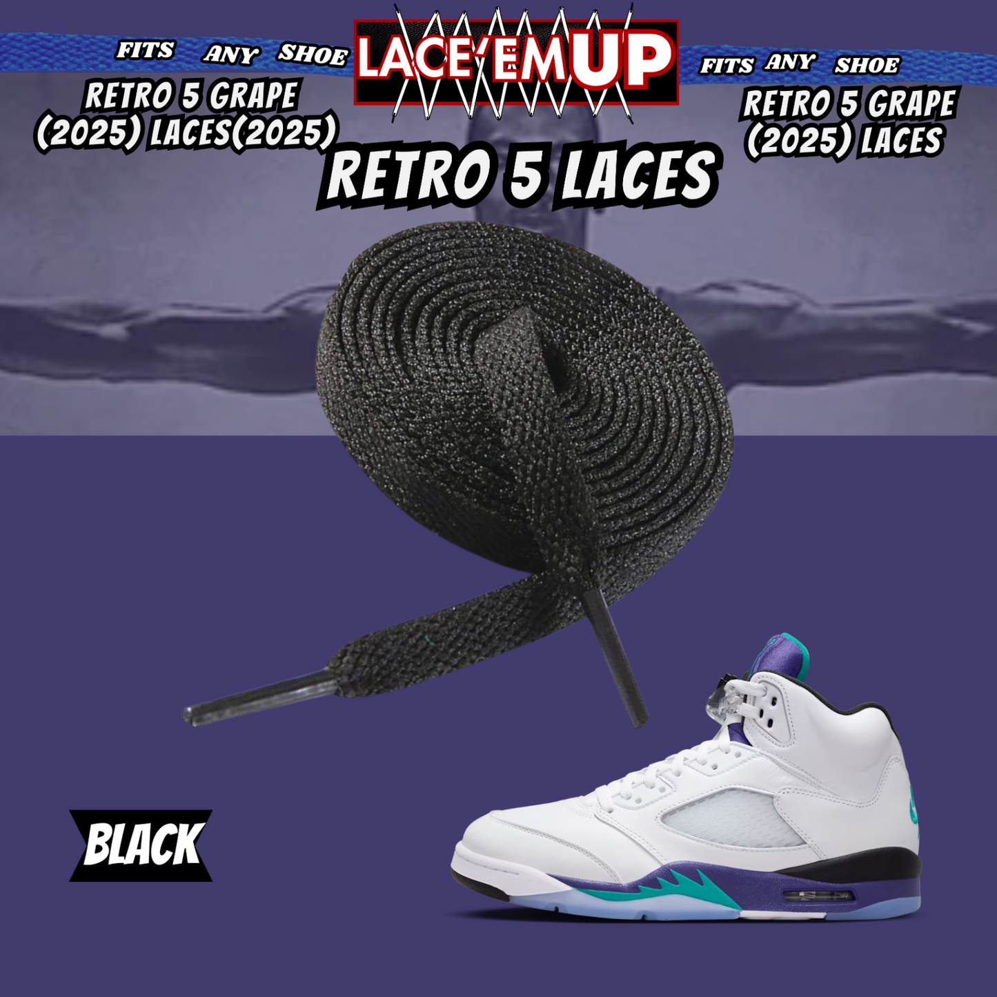 Retro 5  Grape Shoe Laces Cement replacement for AJ 5 reimagined