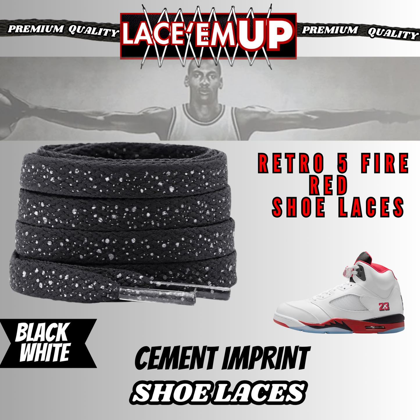 Retro 5 Fire Red Shoe Laces Spotted Splatter Cement , AJ 5 FIRE RED SHOE LACES