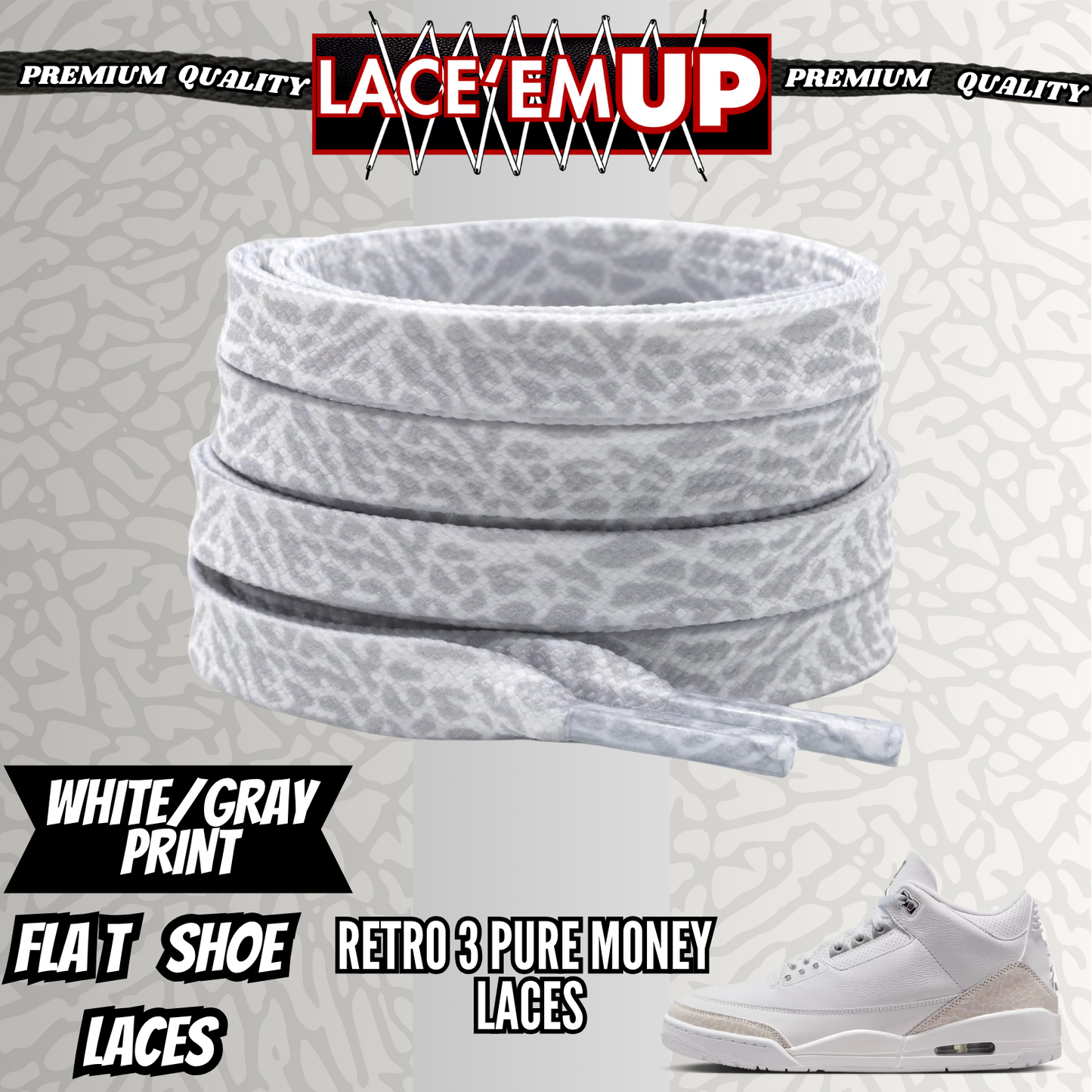 Retro 3 Pure Money Shoe Laces Spotted Splatter Cement replacement, Elephant lace