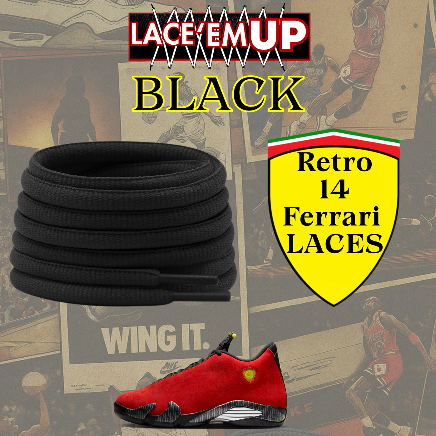 Retro 14 Ferrarii Shoe Laces  Premium, Retro 14 Challenge Red Oval Laces-AJ14