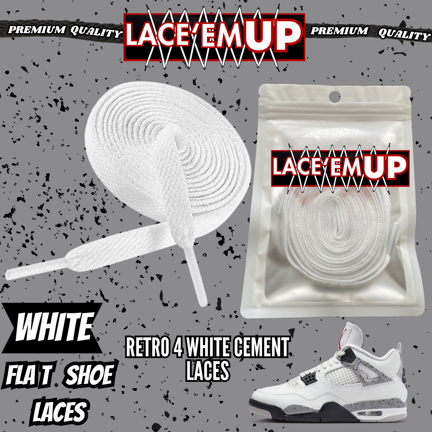 Retro 4 White Cement Shoe Laces Spotted Splatter Cement replacement