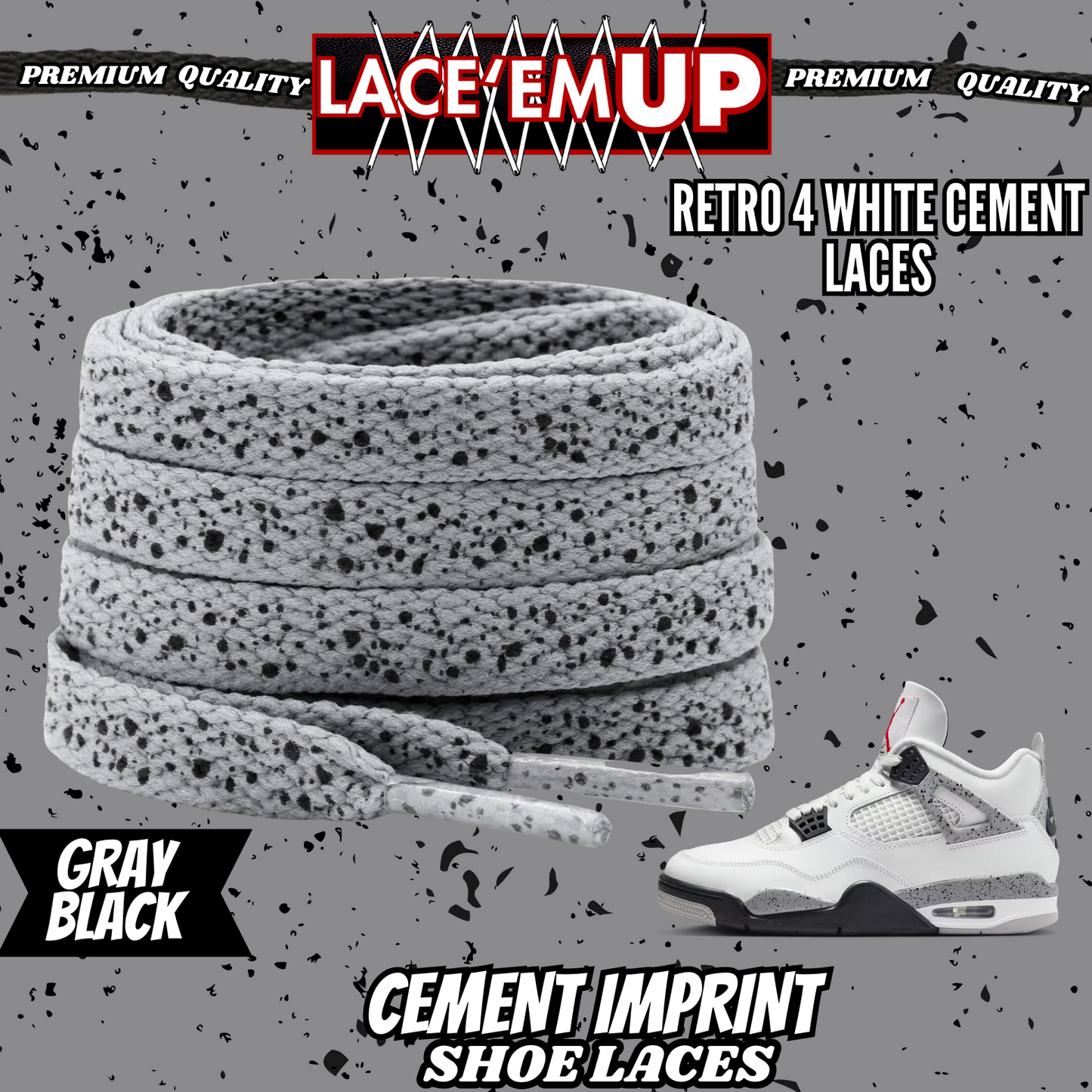Retro 4 White Cement Shoe Laces Spotted Splatter Cement replacement