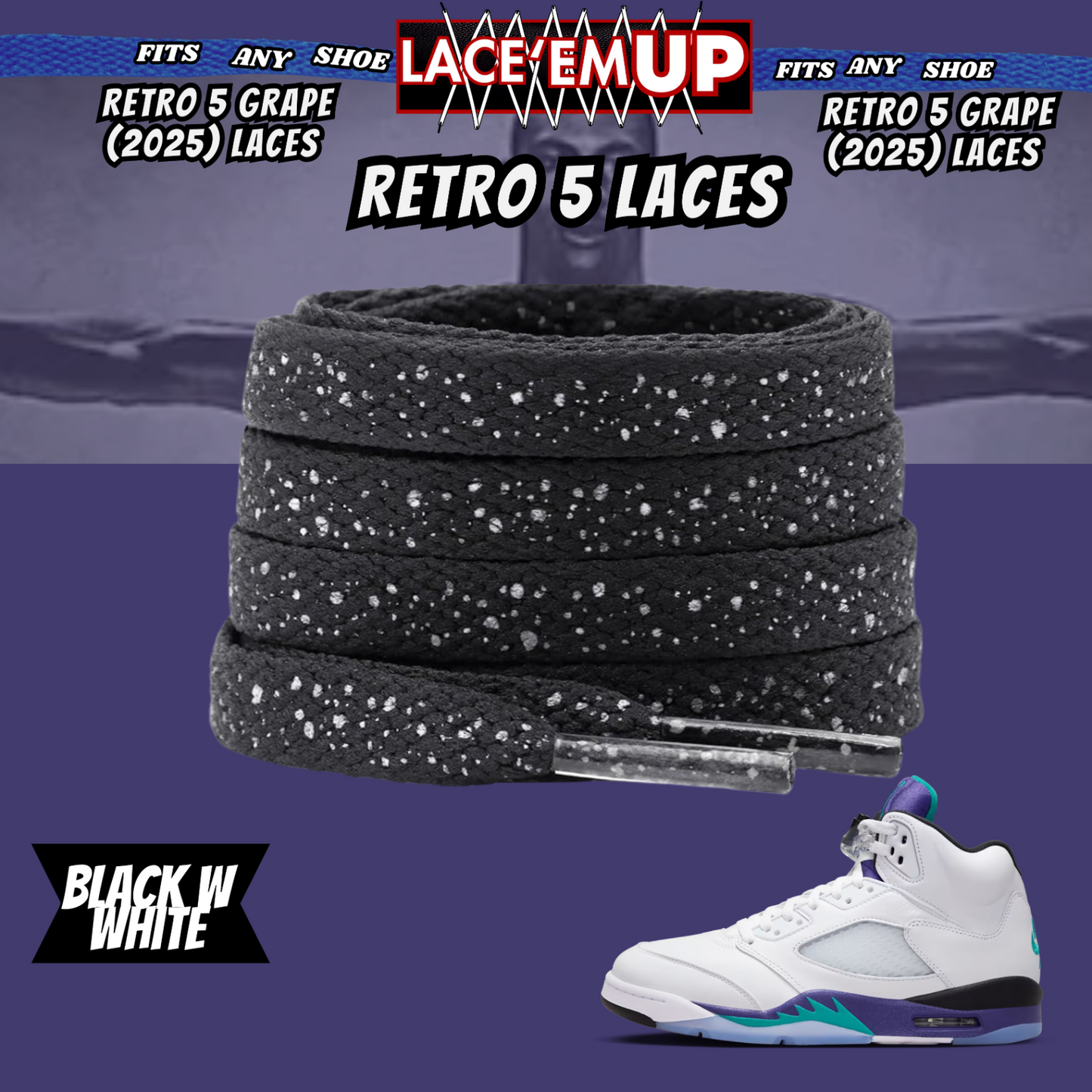 Retro 5  Grape Shoe Laces Cement replacement for AJ 5 reimagined