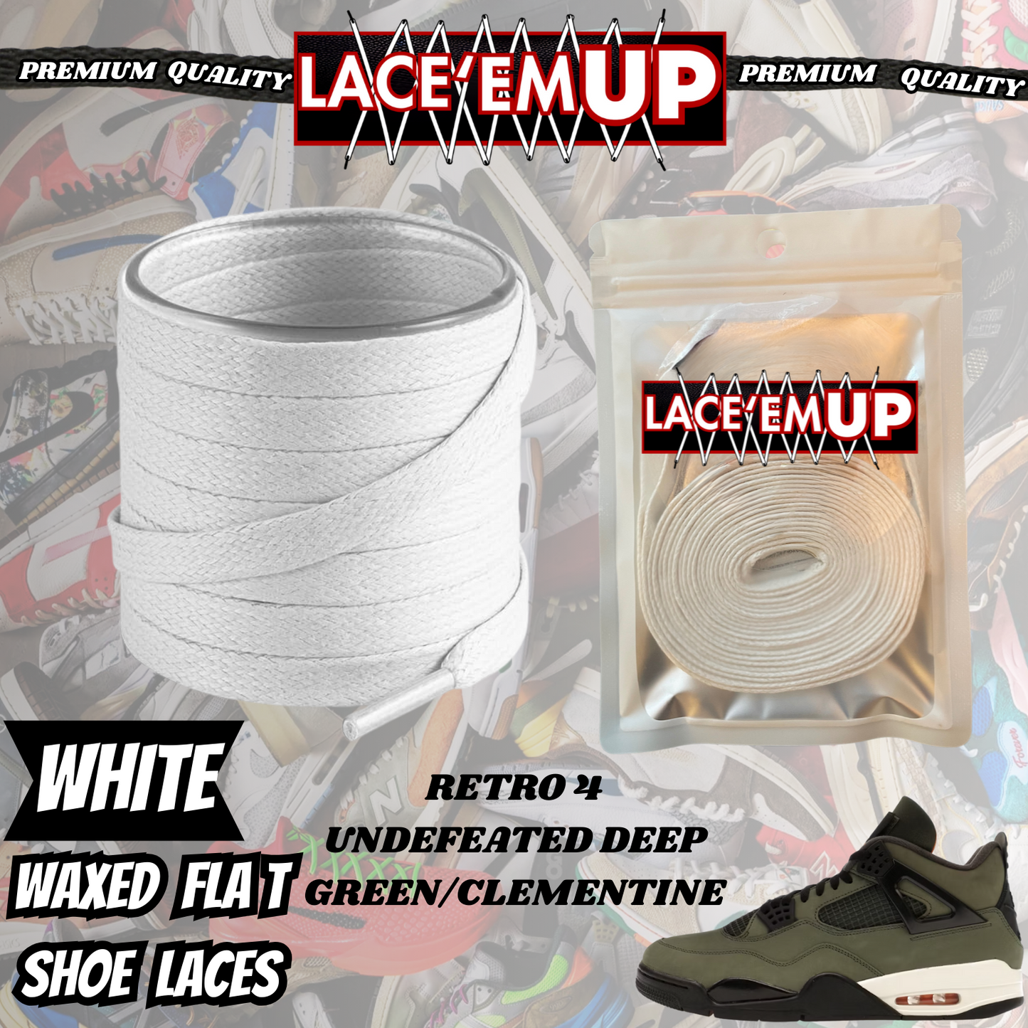 Shoe laces for Retro 4 UNDEFEATED DEEP GREEN/CLEMENTINE, REPLACEMENT SHOE LACES