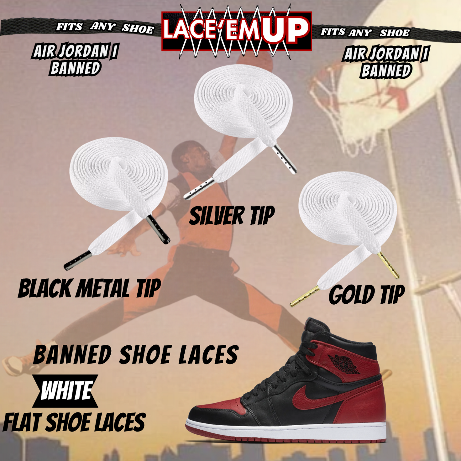 "Banned" Flat Shoe Laces replacement for jordan 1  OG BLACK TOE LACES