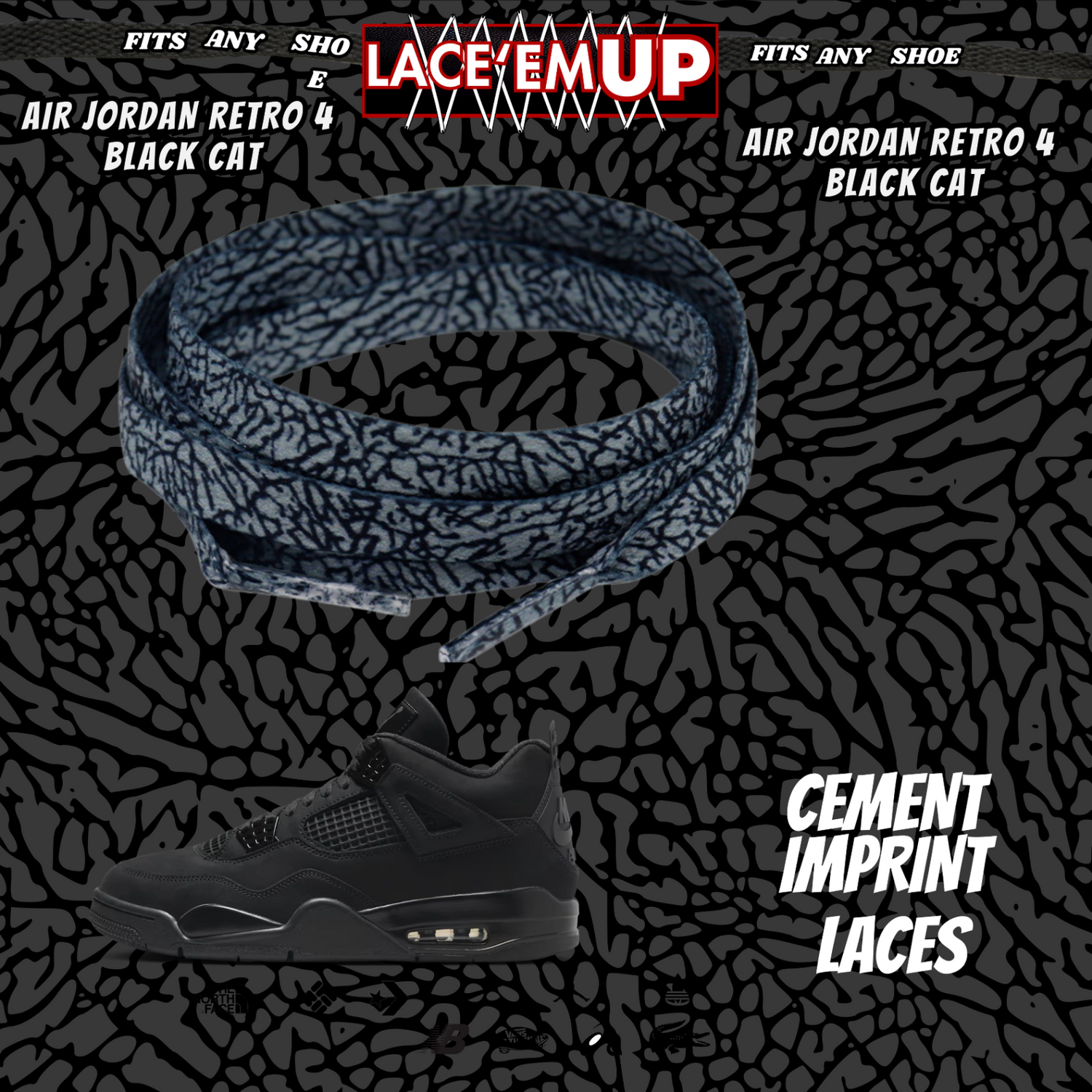 BLACK CAT Shoe Laces Spotted Splatter Cement replacement for jordan 4 black cats