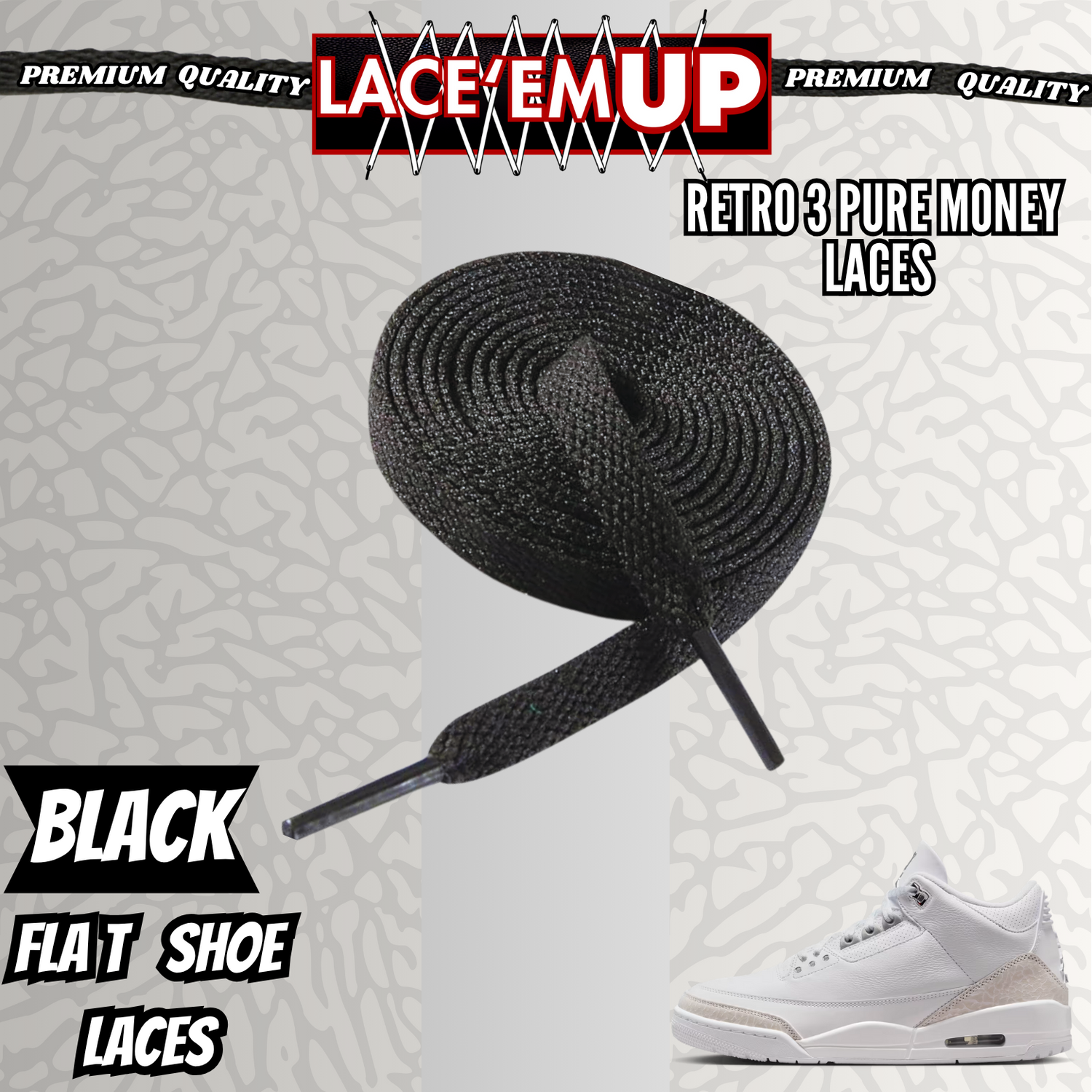 Retro 3 Pure Money Shoe Laces Spotted Splatter Cement replacement, Elephant lace