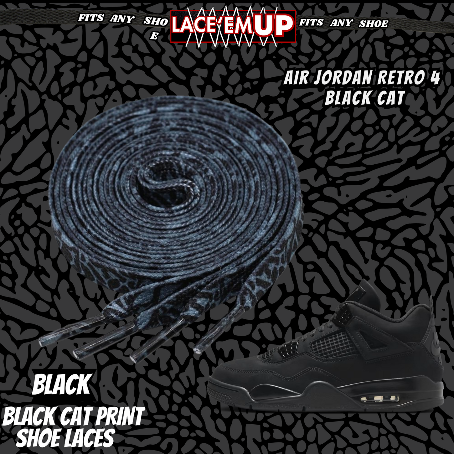 BLACK CAT Shoe Laces Spotted Splatter Cement replacement for jordan 4 black cats