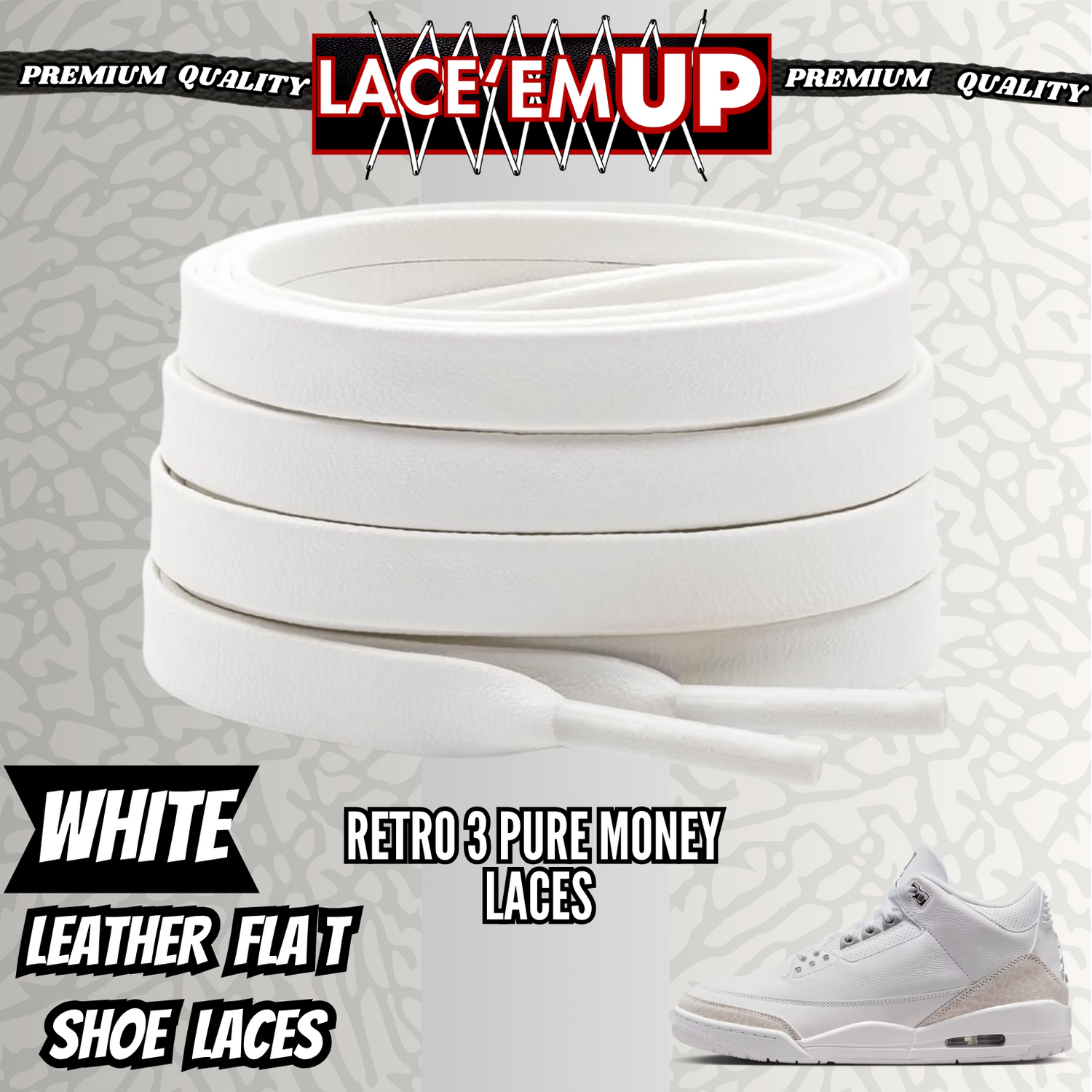 Retro 3 Pure Money Shoe Laces Spotted Splatter Cement replacement, Elephant lace