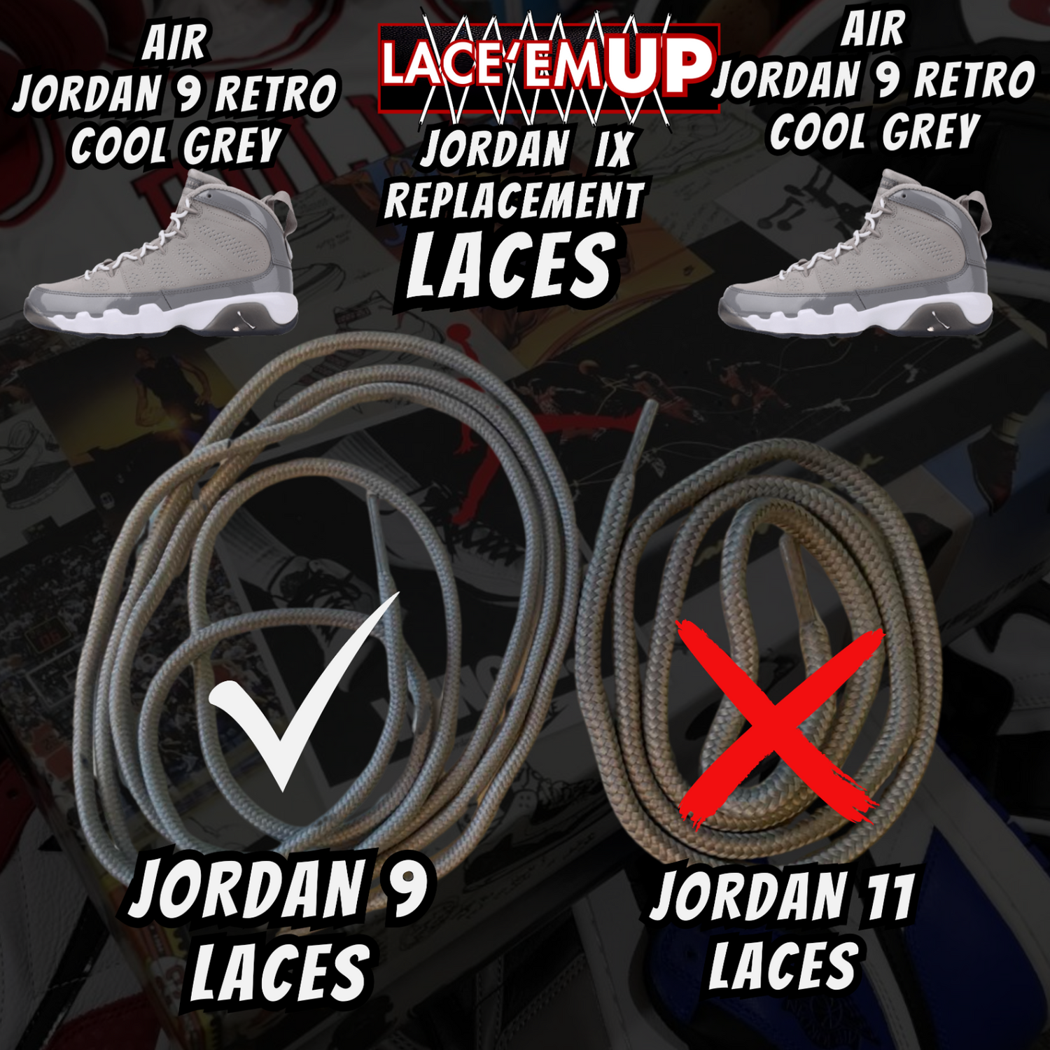 Air Jordan 9 COOL GREY  Premium Replacement Rope Round Shoe Laces. AJ9 LACES