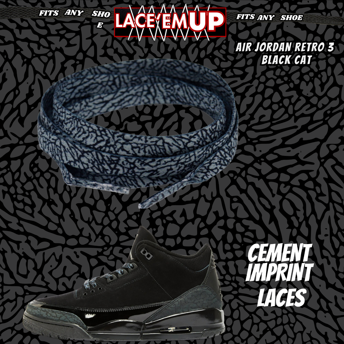 BLACK CAT Shoe Laces Spotted Splatter Cement replacement for jordan 3 black cats