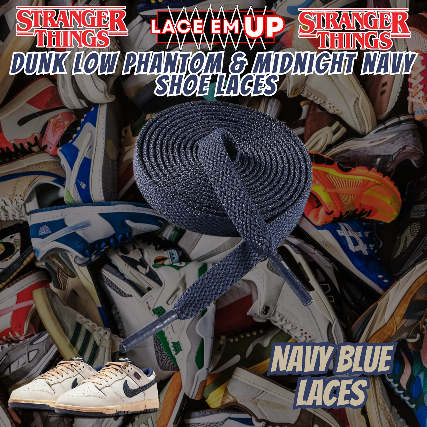Dunk Low Phantom & Midnight navy Shoe Laces Spotted Splatter Cement replacement