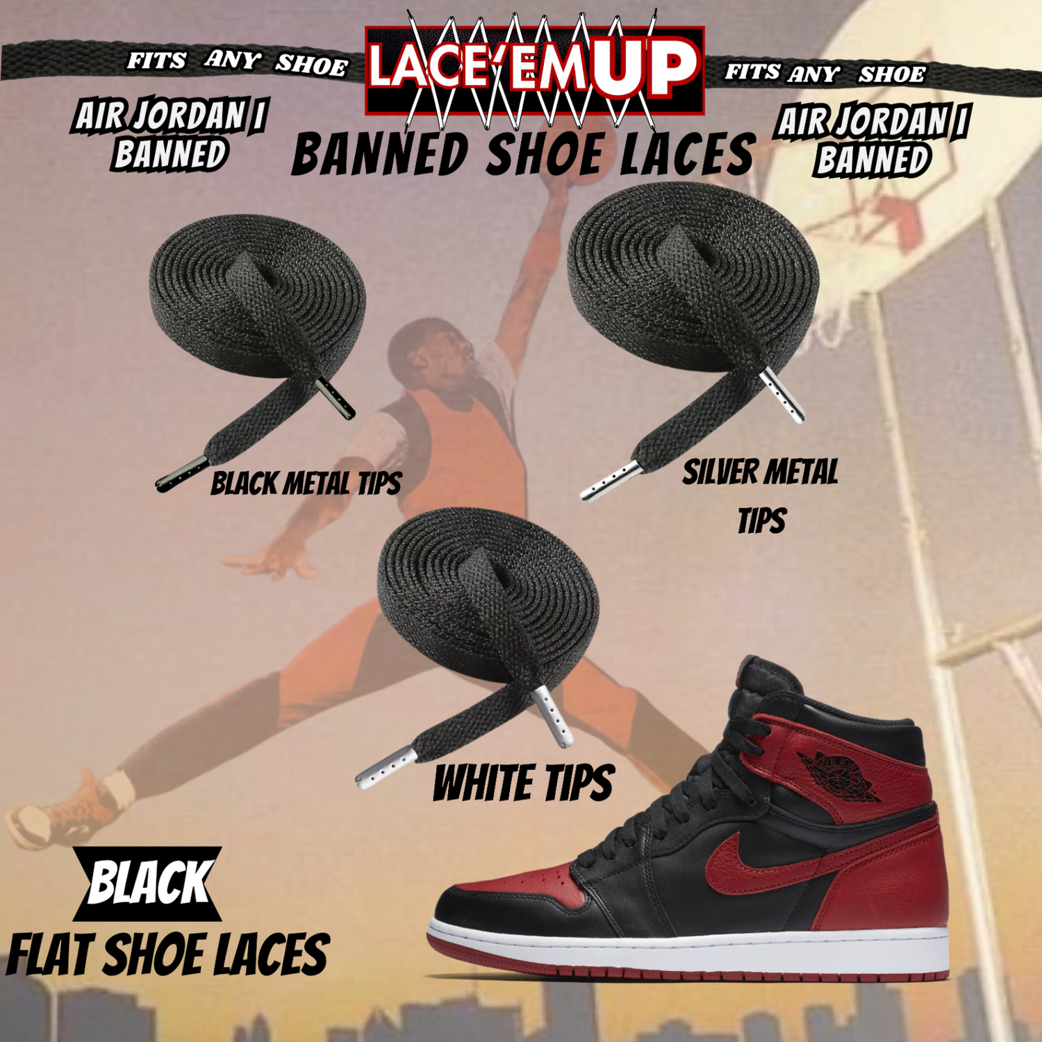 "Banned" Flat Shoe Laces replacement for jordan 1  OG BLACK TOE LACES